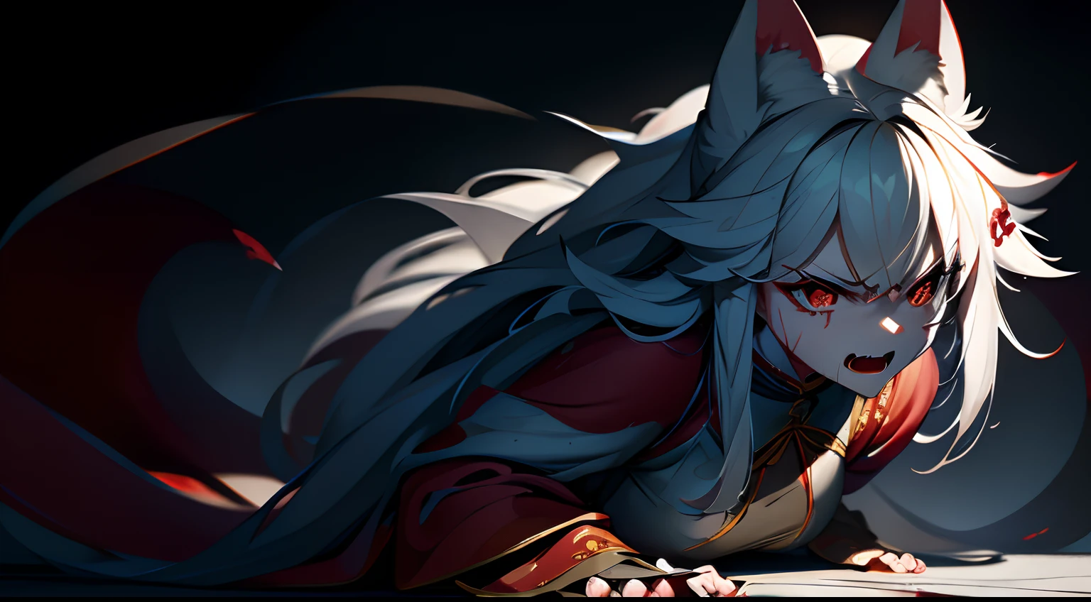 Best quality,Masterpiece,超高分辨率,(Photorealistic:1.4),Big cat,Fierce,Pounce on the camera,(Dynamic Angle),True blood,Angry,Gape,red - eyed,White fangs,(White hair), red color eyes, (full bodyesbian), (Claws),(Tears),Blood drop,Blood fog, Floating hair,Splashing blood,(blood stain),