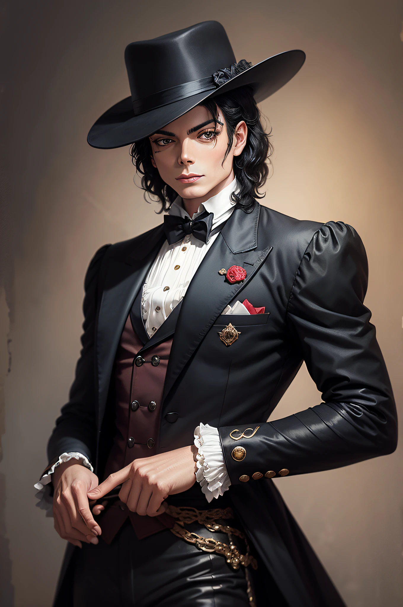 Michael Jackson 1982, dandy, in black regency clothing, black gloves, oil painting
