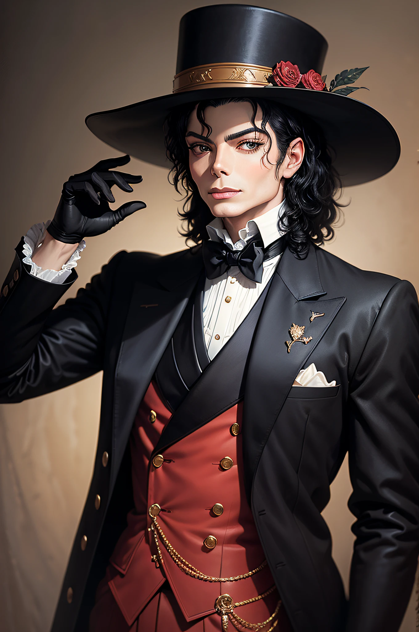 Michael Jackson 1982, dandy, in black regency clothing, black gloves, oil painting