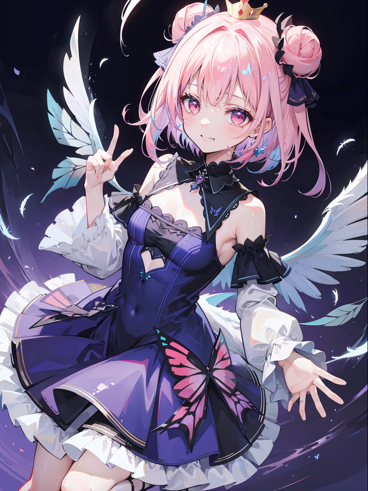 {Moist feathers(hololive)}, 1girll, {Short hair}, double bun hair, Double-tailed ribbon, {Light pink hair}, {Red eyes}、tmasterpiece、top-quality、grinning evily、{Demon King}、{full bodyesbian}、a throne、Ambition、Aura of darkness、Blue-winged butterfly、Dark blue dress、demon realm、