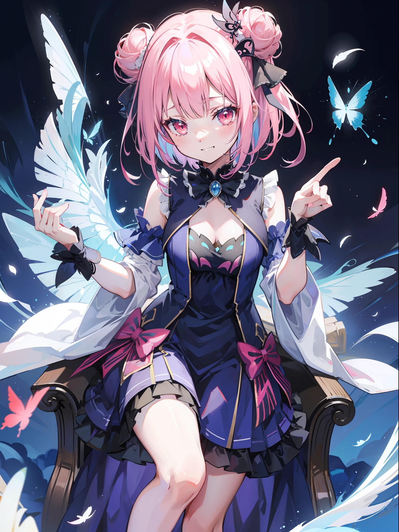 {Moist feathers(hololive)}, 1girll, {Short hair}, double bun hair, Double-tailed ribbon, {Light pink hair}, {Red eyes}、tmasterpiece、top-quality、grinning evily、{Demon King}、{full bodyesbian}、a throne、Ambition、Aura of darkness、Blue-winged butterfly、Dark blue dress、demon realm、