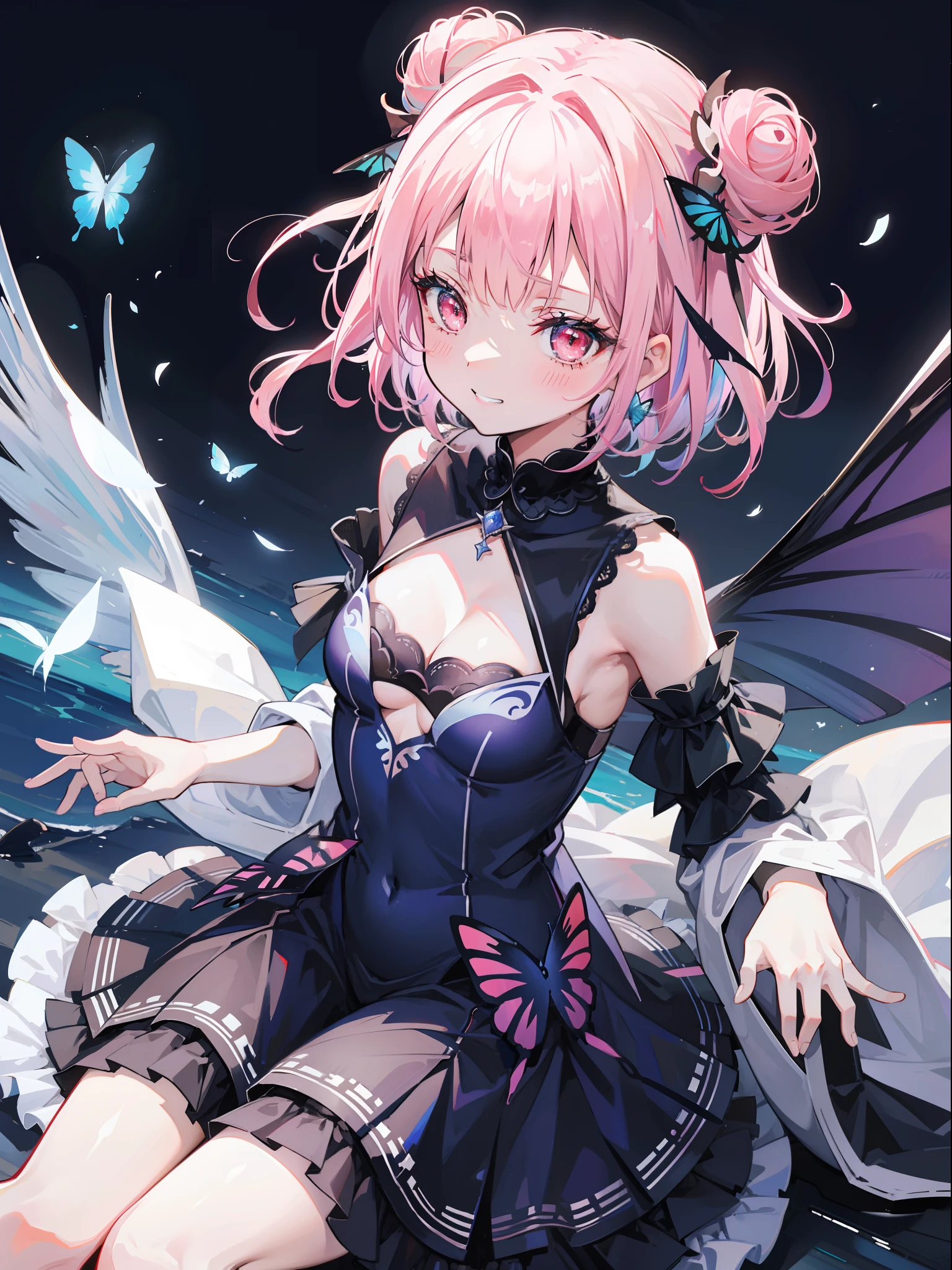 {Moist feathers(hololive)}, 1girll, {Short hair}, double bun hair, Double-tailed ribbon, {Light pink hair}, {Red eyes}、tmasterpiece、top-quality、grinning evily、{Demon King}、{full bodyesbian}、a throne、Ambition、Aura of darkness、Blue-winged butterfly、Dark blue dress、demon realm、