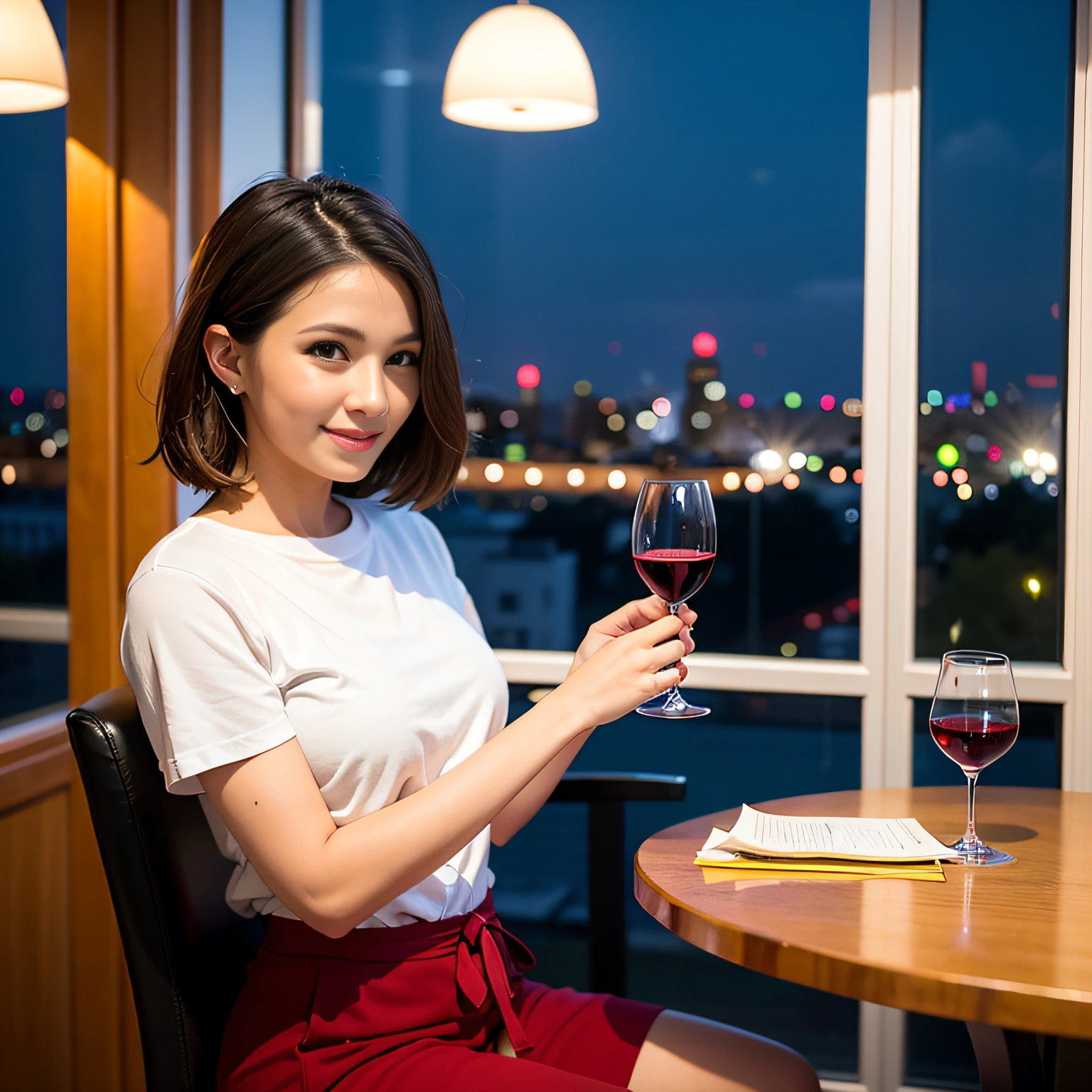 (64K, UHD, top quality, masterpiece: 1.2), (realistic, photorealistic: 1.37), super detailed, pretty woman 1 person, (slim face), (slim body), (brown hair), (short cut), cheeks slightly blushing, (44 years old), 38 years old, solo, beautiful detailed urban night view outside the window, restaurant, wine glasses sit, at night, in a prominent placeNovaFrogStyle, Actress, Model, Waist Up, White Wine, Slim, Wine Glass, Super Clean Night View, Wine Glass Put in the Middle, Happy Smile, (Smile: 1.15), Beautiful Fine Eyes, Upper Body, Bust Japan Up, Night, Short, Short, Actress, Model, Waist Up, White Wine, Slim, Wine Glass, Super Clean Night View, Wine Glass Put in the Middle, Happy Smile,