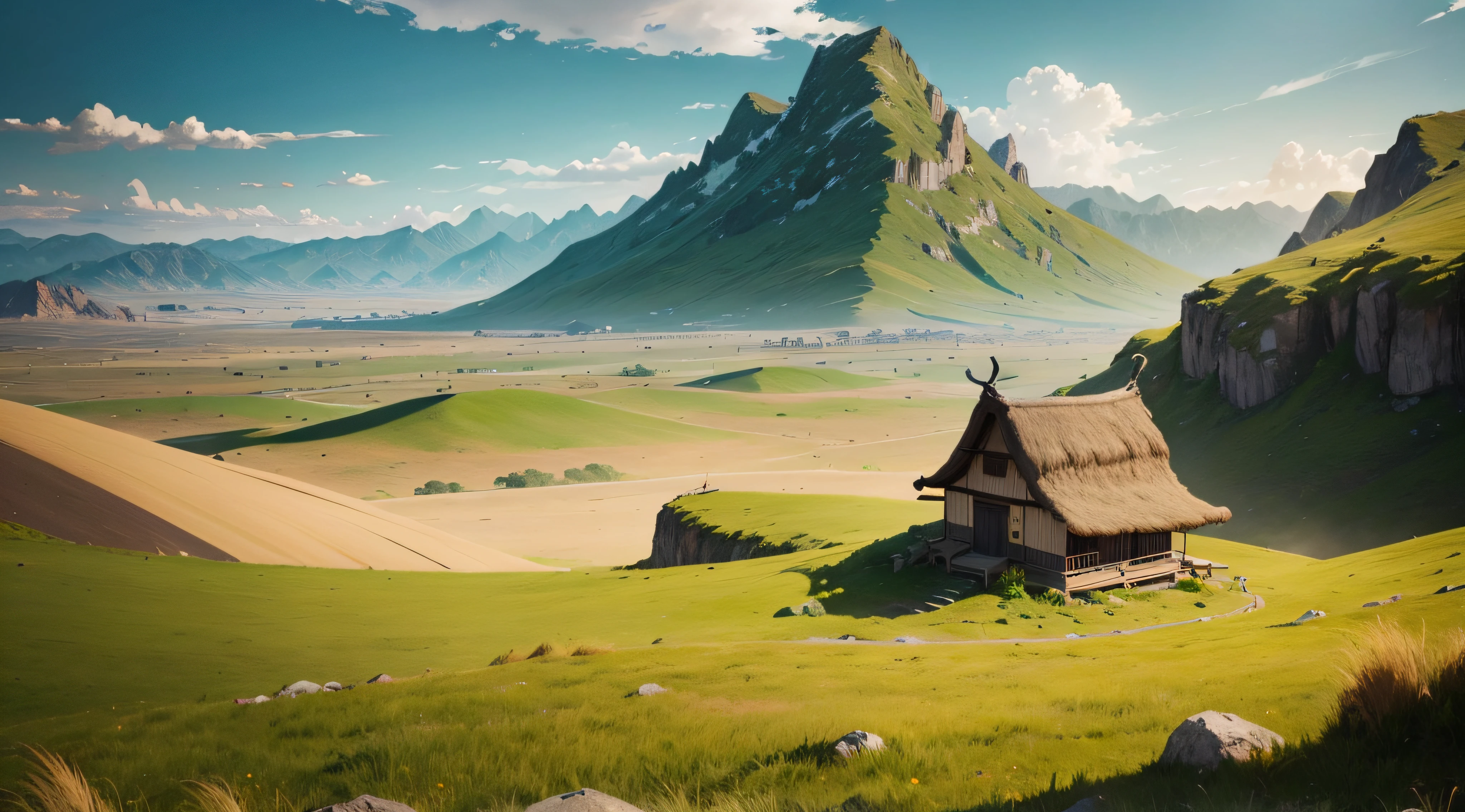 Distant mountains, There is a low thatched hut on the steppe, China-style,anime big breast, Cinematic lighting, reference sheet, first person perspective, Wide shot, in a panoramic view, angle of view, first person perspective, High quality