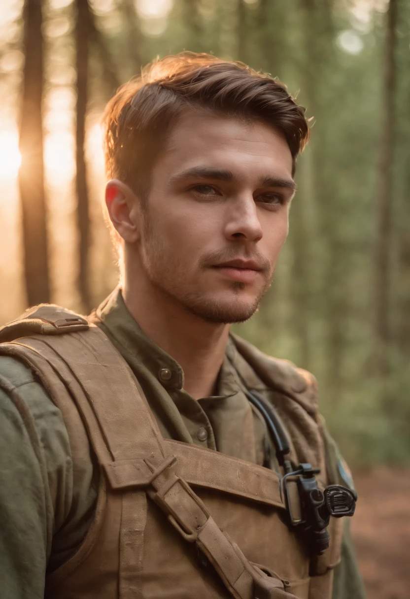 Romanticism style realistic portrait,close-up, soldier_outfit, cool dry vintage colors, hd, UHD, intricate details, sunset, amazon jungle, dry trees, puddles of water reflecting sunbeam, Photoshop_corretions_details, greg rutkowski, cinematic shading , low_key, award-winning art, best quality