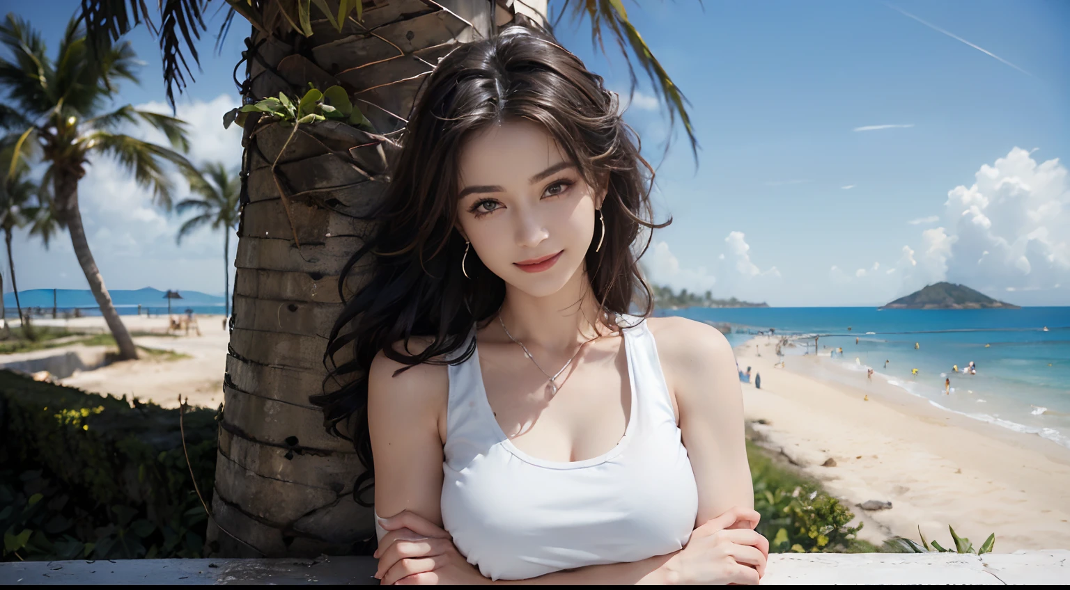 ((best qualtiy, 8K, tmasterpiece:1.3)), edgy:1.2, A beautiful woman with a perfect body:1.4, Slim Abs:1.2, ((Layered hairstyle, tits huge:1.5)), (Athens，the street：1.2），saturated：1.5，Highly detailed facial and skin texture，A detailed eye，Double eyelidd，Look at the camera sideways，open shirt，navels，exposed navel，Cover your chest with your hands，hands on breasts, , Sunny weather, seaside, waves, palm tree, White t-shirt and ripped shorts, Sunny weather, seaside, waves, palm tree, White t-shirt and ripped shorts, Sunny weather, seaside, waves, palm tree, (White tank top T-shirt and ripped shorts), (Underarms), (White tank top t-shirt and ripped jeans), (White tank top T-shirt and ripped shorts), (White tank top t-shirt and ripped jeans), (White tank top T-shirt and ripped shorts), (Long hair), (Long hair), (Long hair), (White tank top t-shirt and ripped jeans),  enormous breast,  enormous breast,  enormous breast,  enormous breast, (She crosses her arms), (She crosses her arms), (She crosses her arms), (She crosses her arms), (Sorrisos), (Sorrisos)