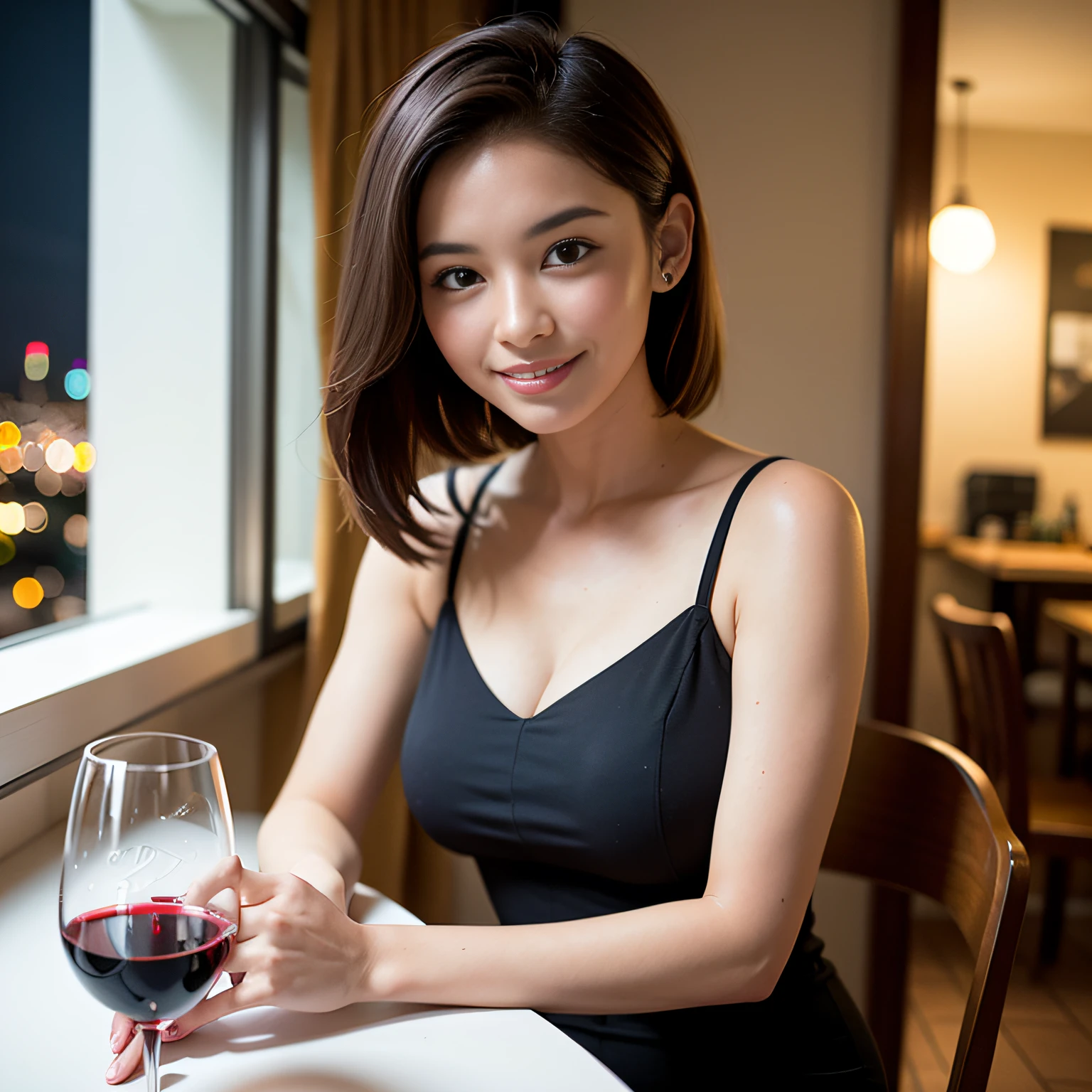 (64K, UHD, top quality, masterpiece: 1.2), (realistic, photorealistic: 1.37), super detailed, pretty woman 1 person, (slim face), (slim body), (brown hair), (short cut), cheeks slightly blushing, (44 years old), 38 years old, solo, beautiful detailed urban night view outside the window, restaurant, wine glasses sit, at night, in a prominent placeNovaFrogStyle, Actress, Model, Waist Up, White Wine, Slim, Wine Glass, Super Clean Night View, Wine Glass Put in the Middle, Happy Smile, (Smile: 1.15), Beautiful Fine Eyes, Upper Body, Bust Japan Up, Night, Short, Short, Actress, Model, Waist Up, White Wine, Slim, Wine Glass, Super Clean Night View, Wine Glass Put in the Middle, Happy Smile,