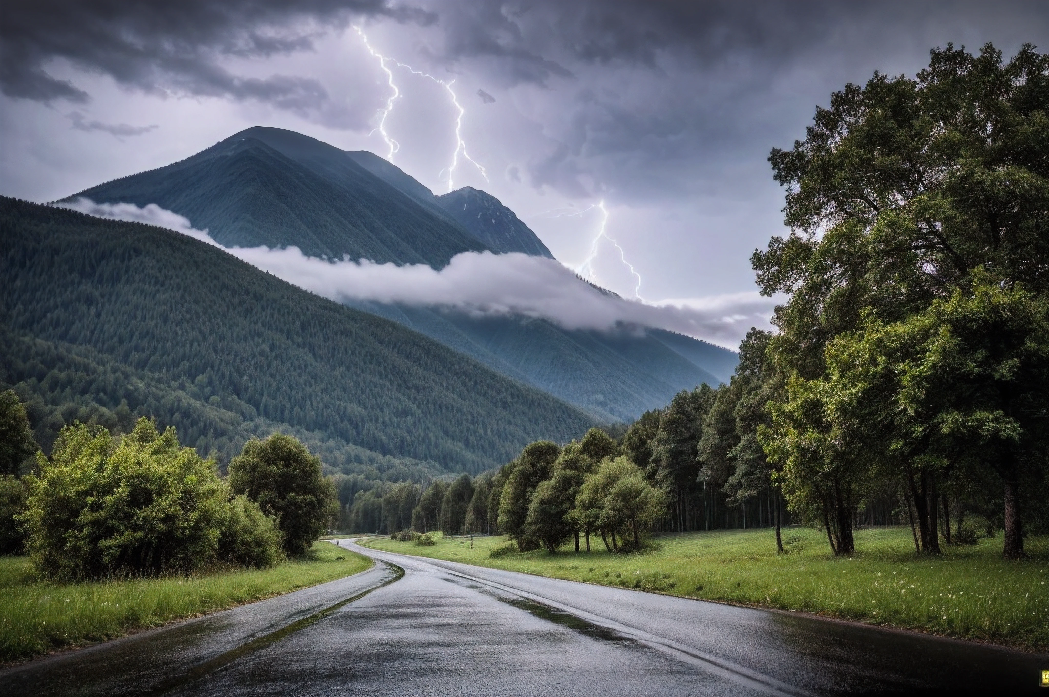 very high resolution, (fidelity: 1.4), photo, day, best quality, 8k, (masterpiece: 1.3), ultra realistic, cloudy, raining, lightning and storm, raining heavily, view of the path among the trees leading to the top of the small mountains, peaks visible in other mountains, best quality, very high resolution, raw photo, bright diffused light, hyperrealistic detailed nature,