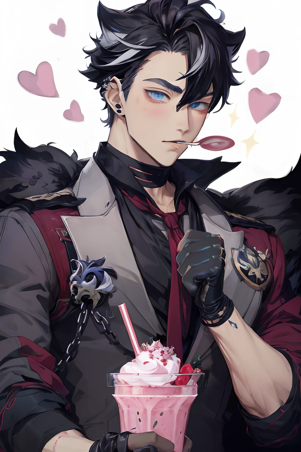 anime character with a cup of milkshake, handsome guy in demon slayer art, high quality fanart, inspired by Okumura Masanobu, anime handsome man, tall anime guy with blue eyes, trigger anime artstyle, handsome japanese demon boy, by Yang J, beautiful androgynous prince, zerochan art, eating candy, hearts and stars on background, blushing, black gloves