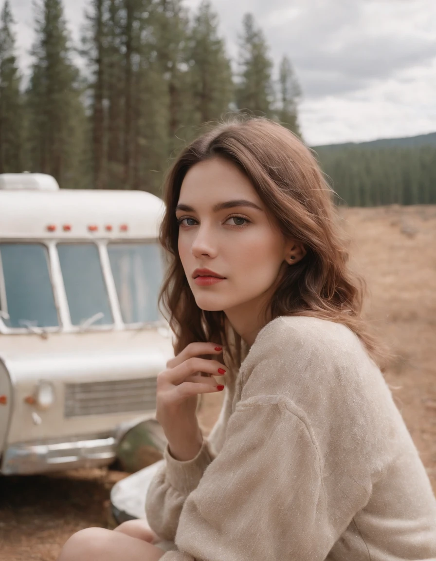 analog photography, grain film, vintage photo, portra 400, flash, in the style of lo-fi aesthetics, a girl sitting near a camping trailer, light beige and red, half body shot