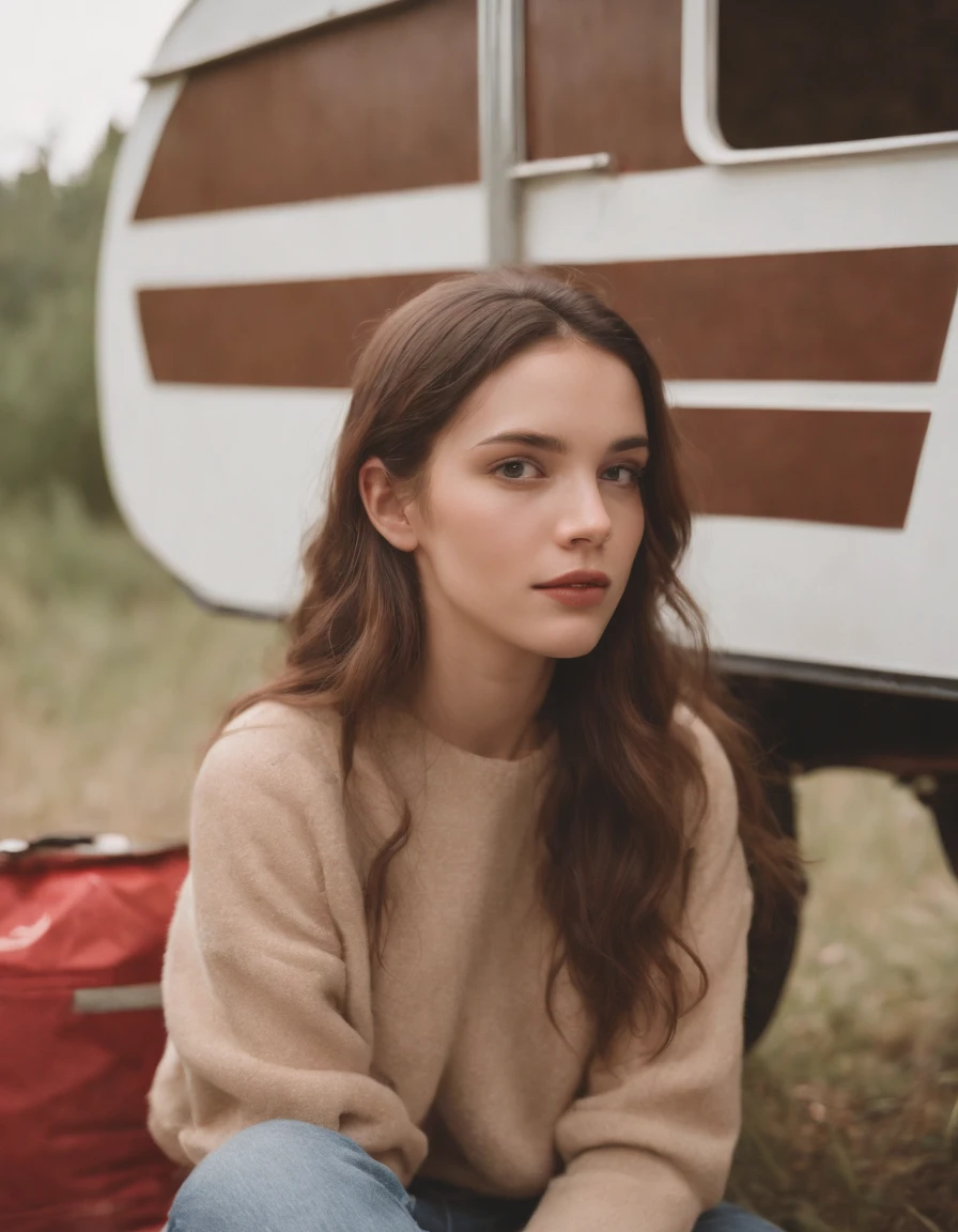 analog photography, grain film, vintage photo, portra 400, flash, in the style of lo-fi aesthetics, a girl sitting near a camping trailer, light beige and red, half body shot