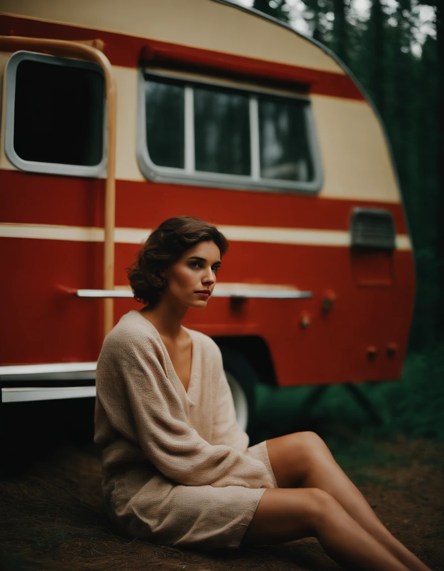 analog photography, grain film, vintage photo, portra 400, flash, in the style of lo-fi aesthetics, a girl sitting near a camping trailer, light beige and red, half body shot