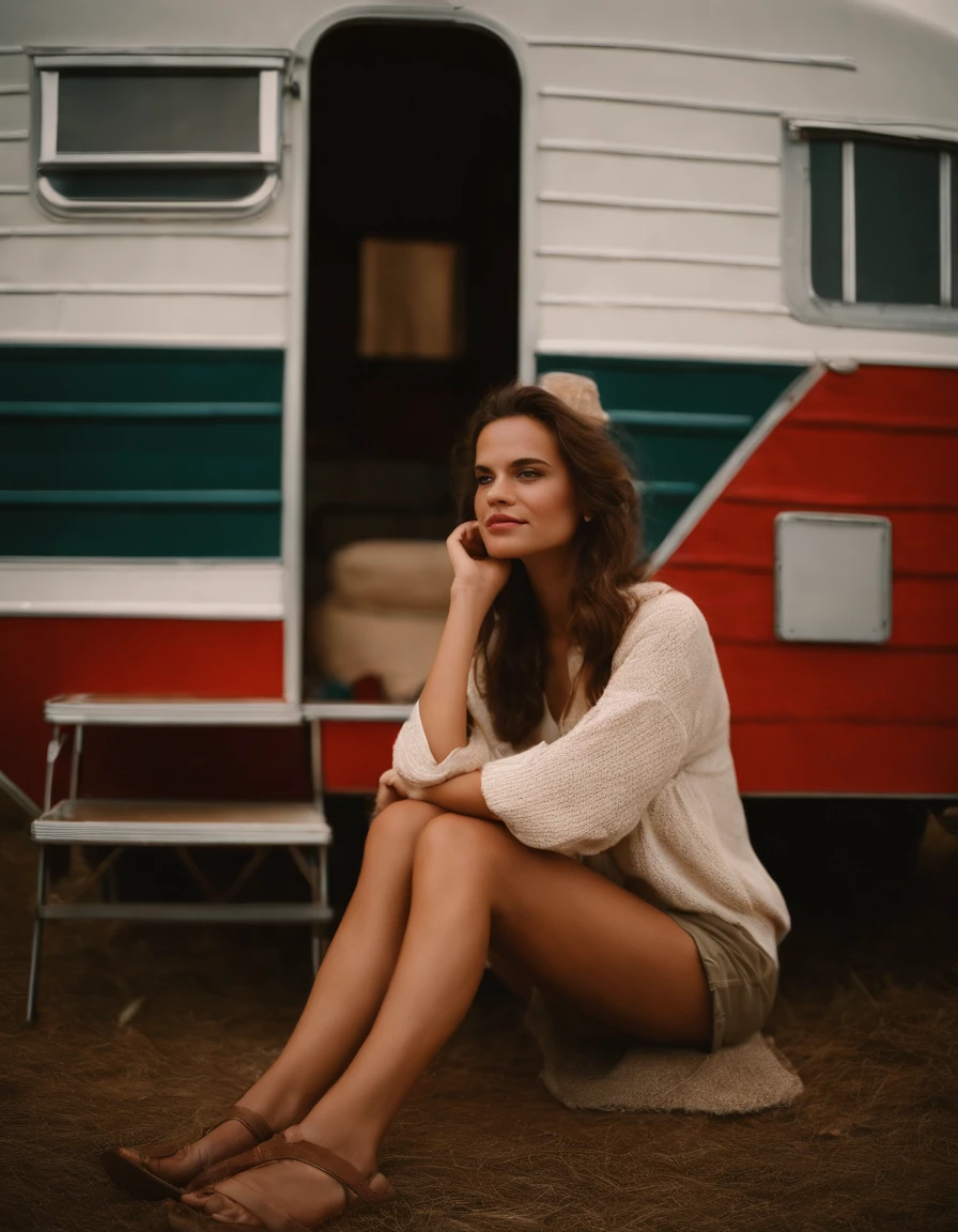 analog photography, grain film, vintage photo, portra 400, flash, in the style of lo-fi aesthetics, a girl sitting near a camping trailer, light beige and red, half body shot