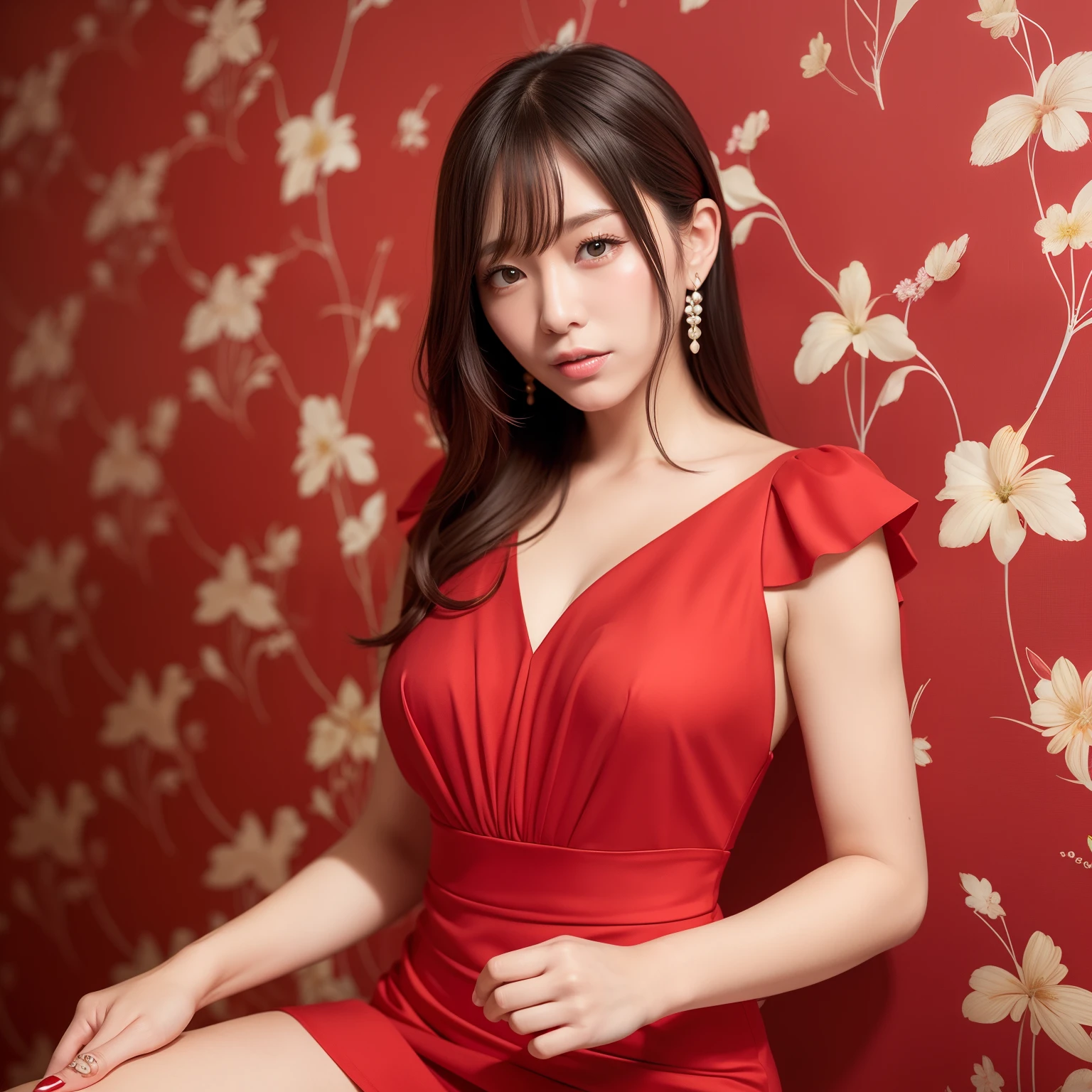 Woman in red Dress、The background is gorgeous red wallpaper studio、[photos realistic]!!,Candid flash photography、magnifica、Masa Nakayama、flash photo、Sui Ishida、Do not copy hands、adult lady、high-class sense、There are a lot of decorations