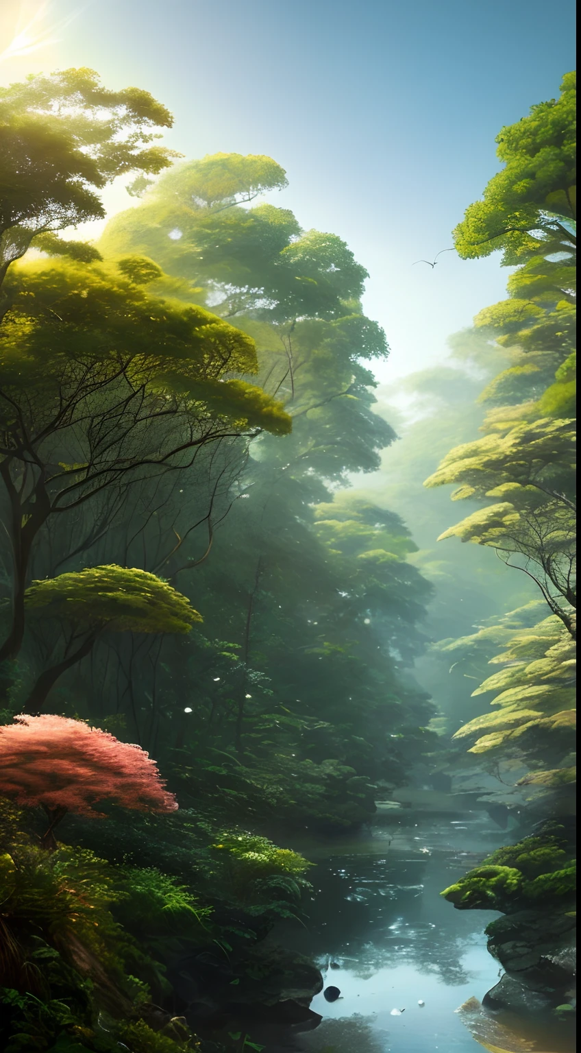 Digital illustration, detailed and intricate, of a lush African savanna filled with exotic flowers, plants and animals, the sunlight filtering through the canopy creating a dappled effect. A quiet river with small steps runs through the jungle, In the style of Yoshitaka Amano and Hayao Miyazaki, masterpiece, proportional, detailed, trending on artstation, beautiful lighting, realistic, intricate, award winning, 4k, highest quality, Award-winning, 4K digital painting in the style of Yoshitaka Amano. Beautiful lighting and cinematic composition make this piece a true masterpiece, trending on artstation