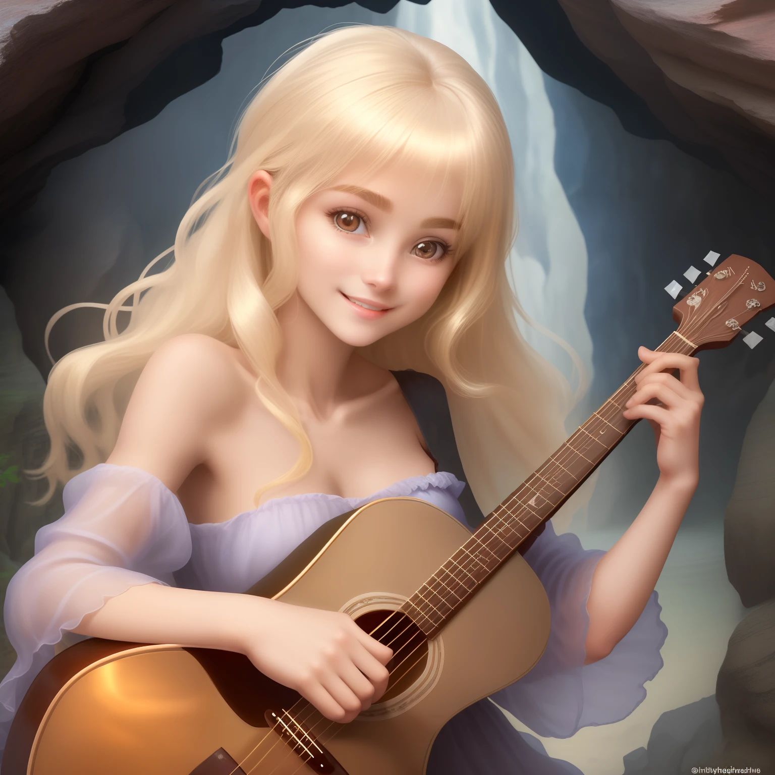One woman in a cave,Playing acoustic guitar,Beautiful silky skin,Middle Smile,matchless beauty,Extraordinary sexy beauty,Beautiful, gentle and cheerful look,Sexy refreshing appearance,Perfect Beautiful Cute Face、Hidden by shiny blonde silky hair,Beautiful facial hair,Very cute beautiful sexy young little woman, Very perfect and beautiful cute face,Beautiful cute big clear eyes