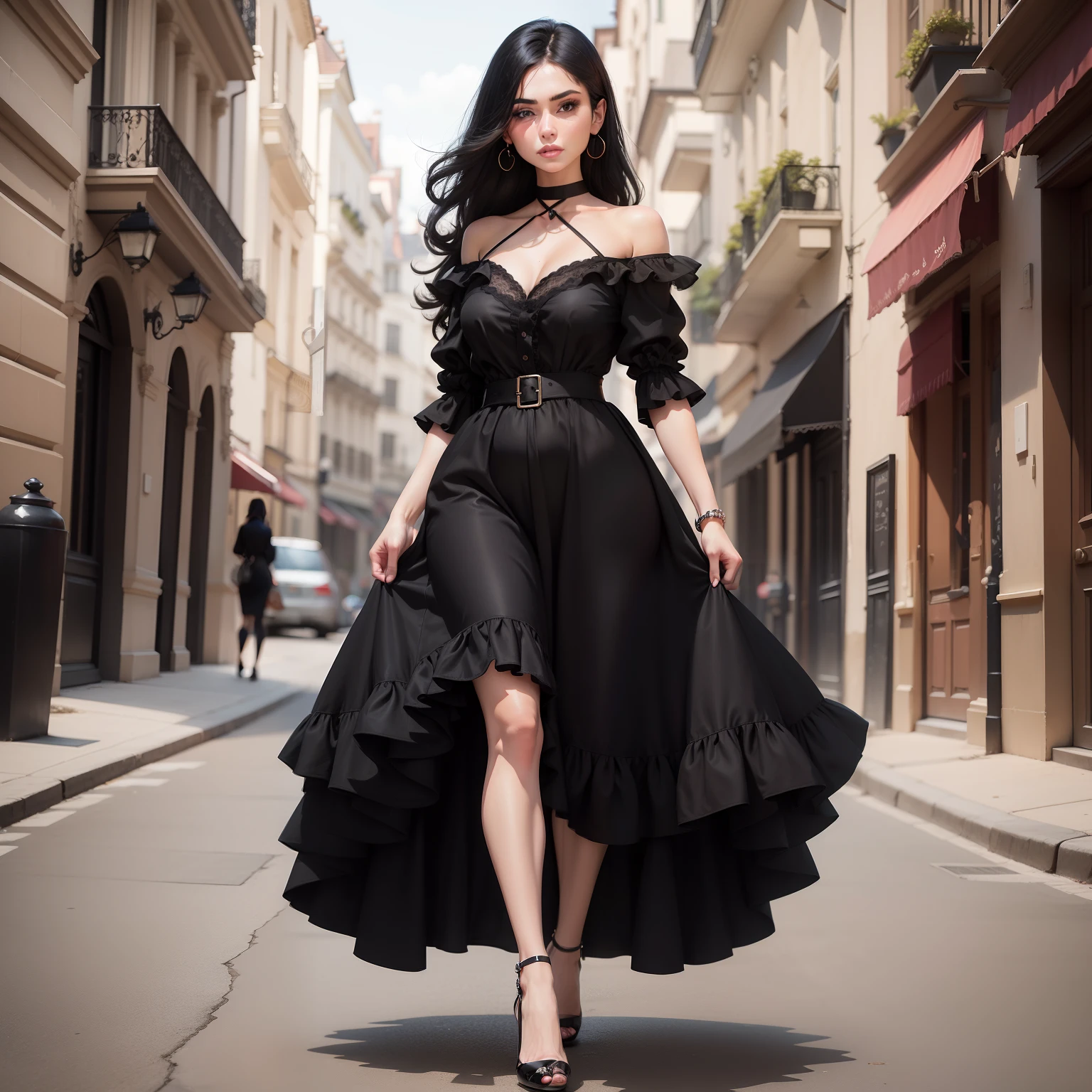 Model
ReV Animated
Girl with a face, Similar to Tahila Paris  , Milf , wearing a black dress , , The black dress is beautiful, casual wear, tight wrinkled cloath, , full-body shooting, Her shoes are visible ,Black Dress , Perfect skin.