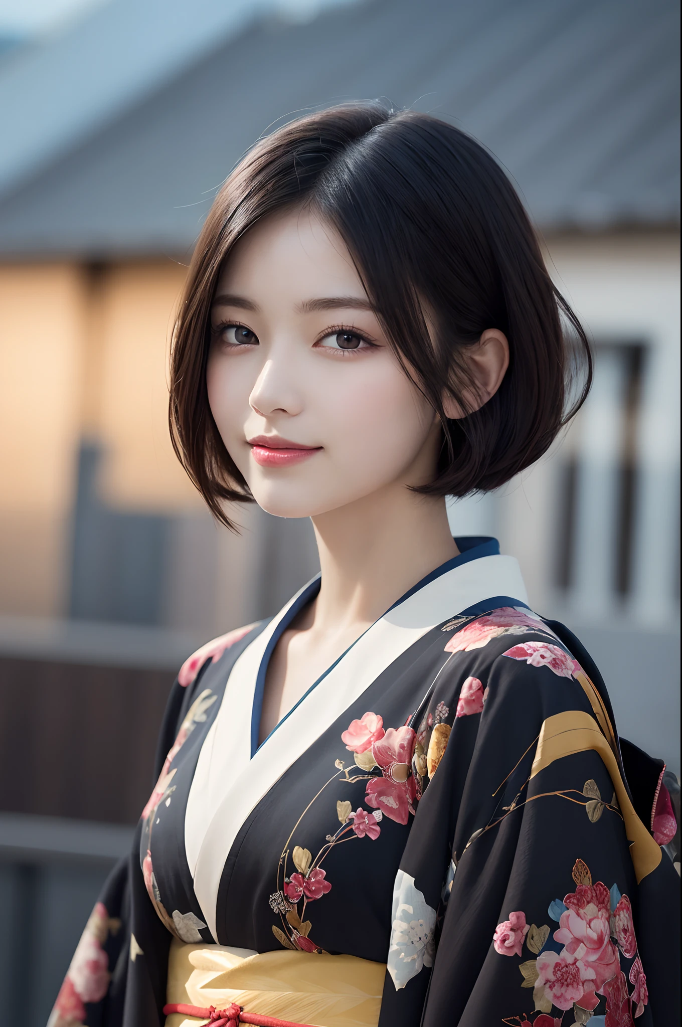 Masterpiece, Best Quality, illstration, Ultra-detailed, finely detail, hight resolution, 8K quality wallpapers, Perfect dynamic composition, Beautiful detailed eyes, Kimono, Well-formed kimono appearance, (Black shorthair), A slight smil
