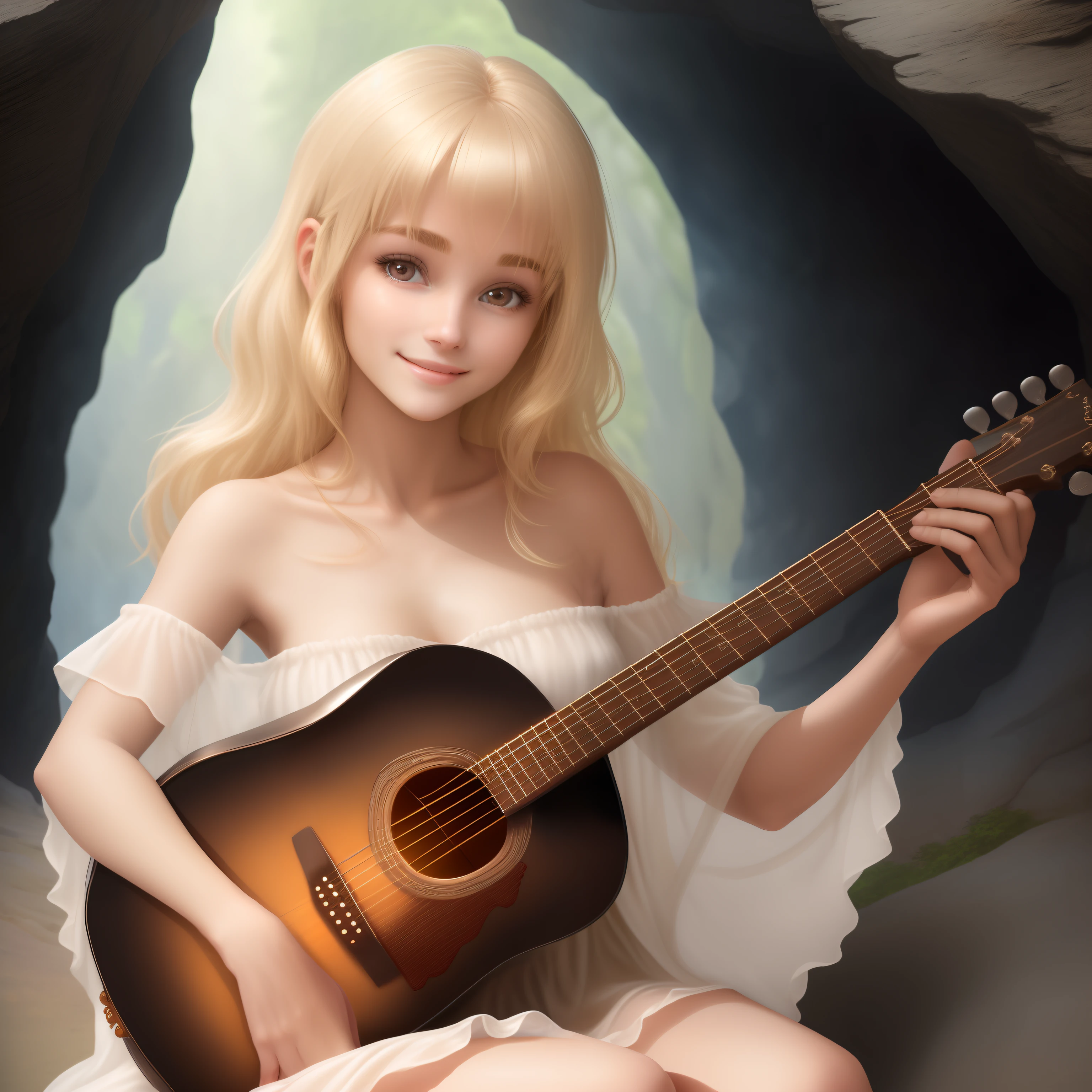 One woman in a cave,Playing acoustic guitar,Beautiful silky skin,Middle Smile,matchless beauty,Extraordinary sexy beauty,Beautiful, gentle and cheerful look,Sexy refreshing appearance,Perfect Beautiful Cute Face、Hidden by shiny blonde silky hair,Beautiful facial hair,Very cute beautiful sexy young woman, Very perfect and beautiful cute face,Beautiful cute big clear eyes