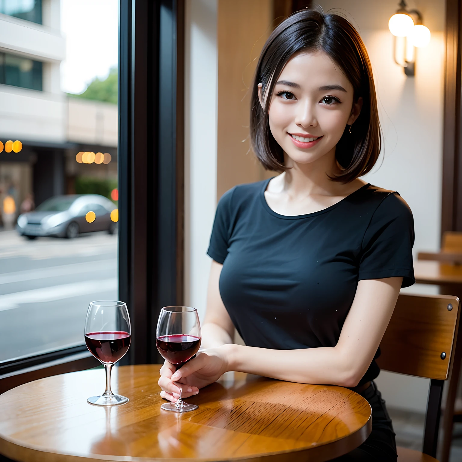 (64K, UHD, top quality, masterpiece: 1.2), (realistic, photorealistic: 1.37), super detailed, pretty woman 1 person, (slim face), (slim body), (brown hair), (short cut), cheeks slightly blushing, (44 years old), 38 years old, solo, beautiful detailed urban night view outside the window, restaurant, wine glasses sit, at night, in a prominent placeNovaFrogStyle, Actress, Model, Waist Up, White Wine, Slim, Wine Glass, Super Clean Night View, Wine Glass Put in the Middle, Happy Smile, (Smile: 1.15), Beautiful Fine Eyes, Upper Body, Bust Japan Up, Night, Short, Short, Actress, Model, Waist Up, White Wine, Slim, Wine Glass, Super Clean Night View, Wine Glass Put in the Middle, Happy Smile,