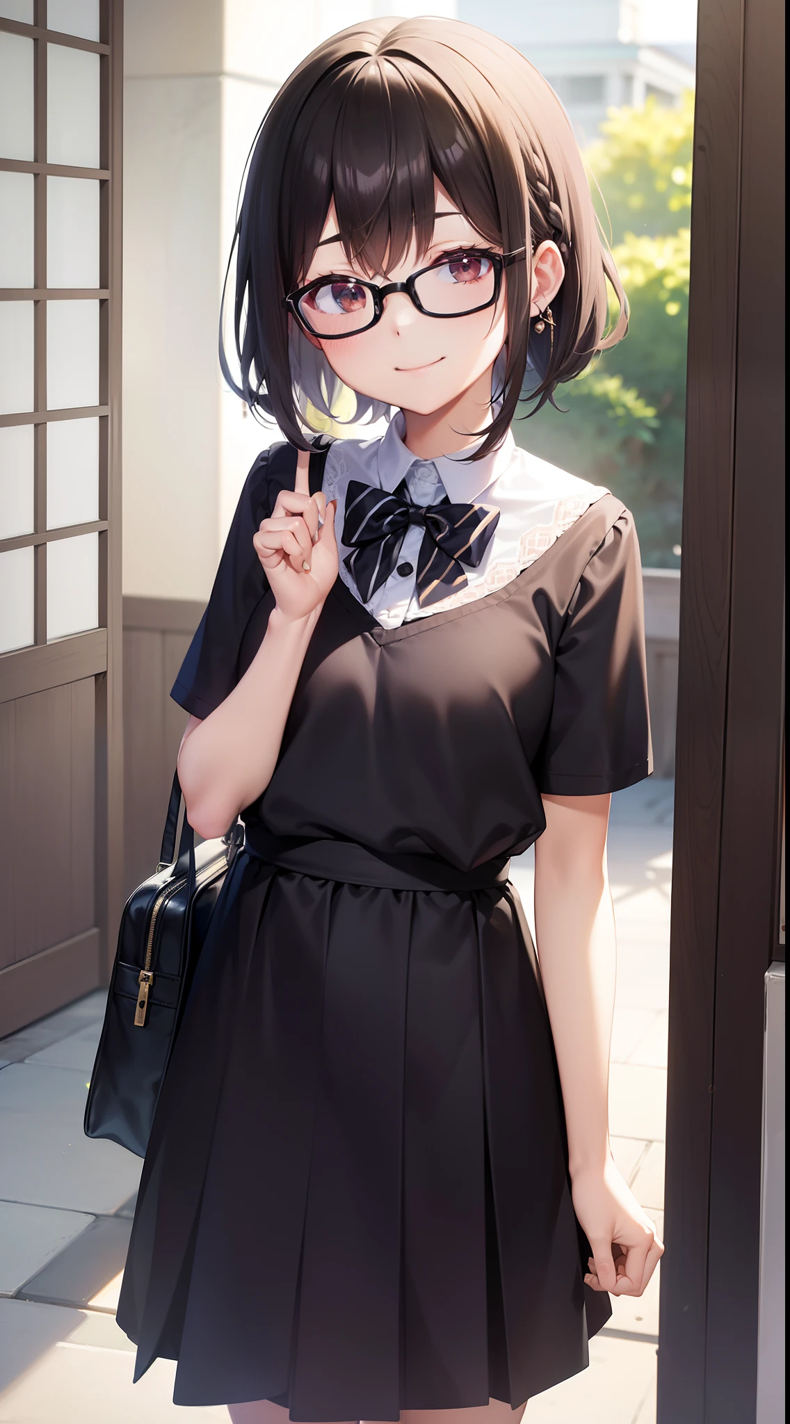 (masutepiece, Best Quality, Capture super cute moments, depth of fields, ultra-detailliert, Ultra High Resolution, C4D, Octadale, 3D Modeling, 8K, 16 K, one girls、a junior high school student、A dark-haired、short-hair、straight haired、Light brown eyes,hair adornments、wearing black glasses、A smile)、traditional school uniform