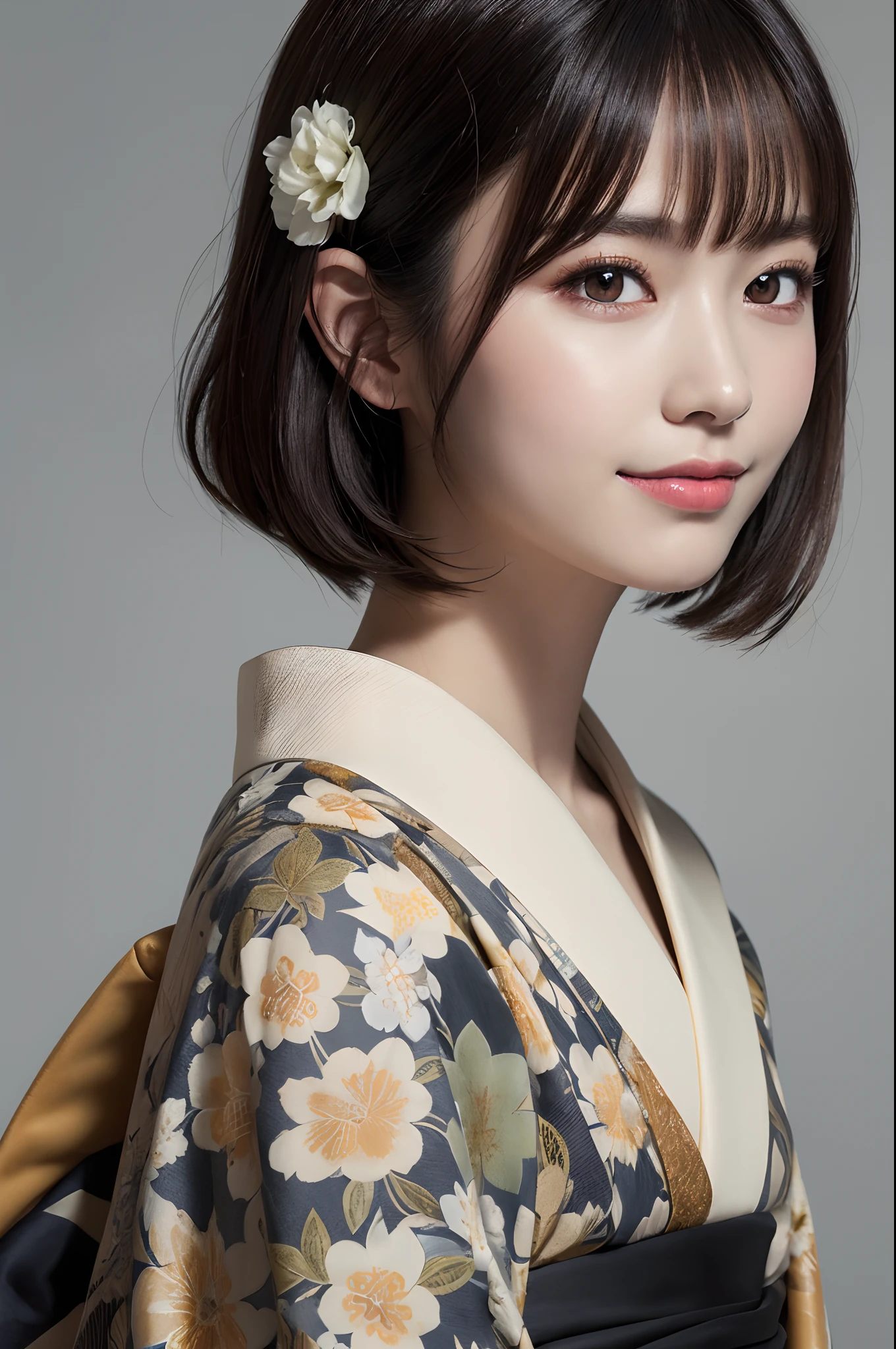 Masterpiece, Best Quality, illstration, Ultra-detailed, finely detail, hight resolution, 8K quality wallpapers, Perfect dynamic composition, Beautiful detailed eyes, Kimono, Well-formed kimono appearance, (Black shorthair), A slight smil