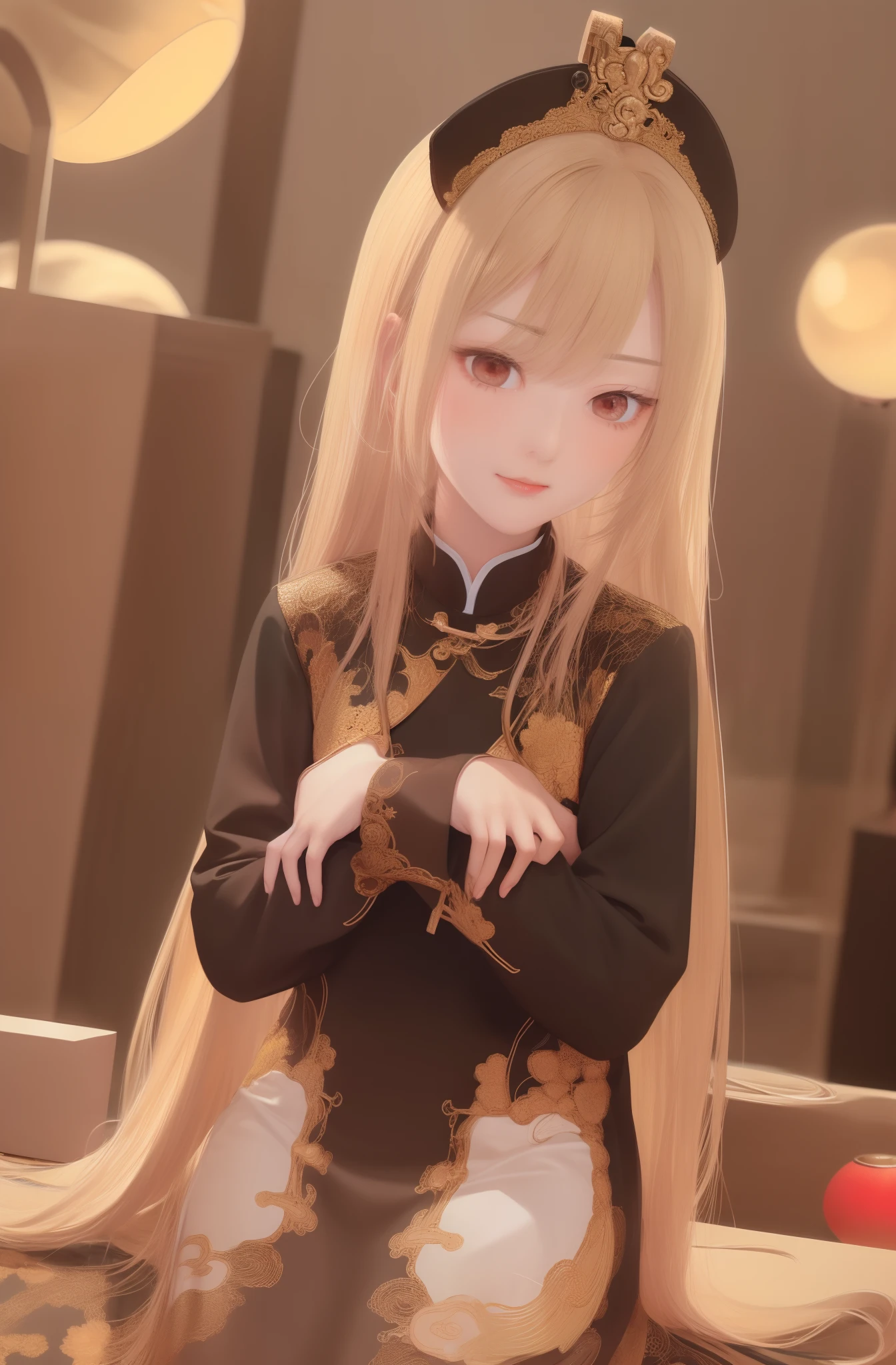 Need,tmasterpiece,The upper part of the body,(AS-Adult:1.6)A Chinese woman,(pervert smirk:0.4),Fold your arms behind your head,Long blonde hair,sparkle eyes,Victorian sun dress,Floating particles of light,at centre,Film and television effects