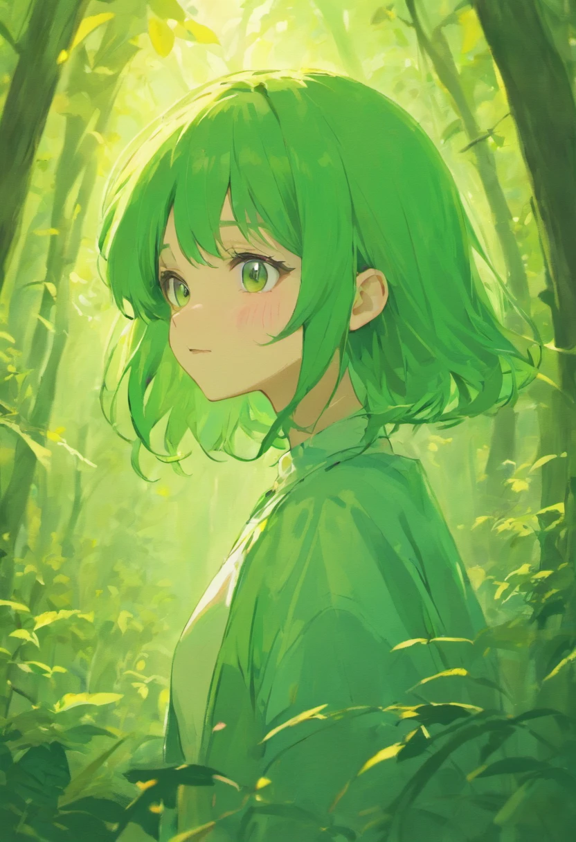 one-girl,largeeyes,green pupills,facial closeups,In the deep forest,The sun shines in the deep forest,There are a lot of animals around,