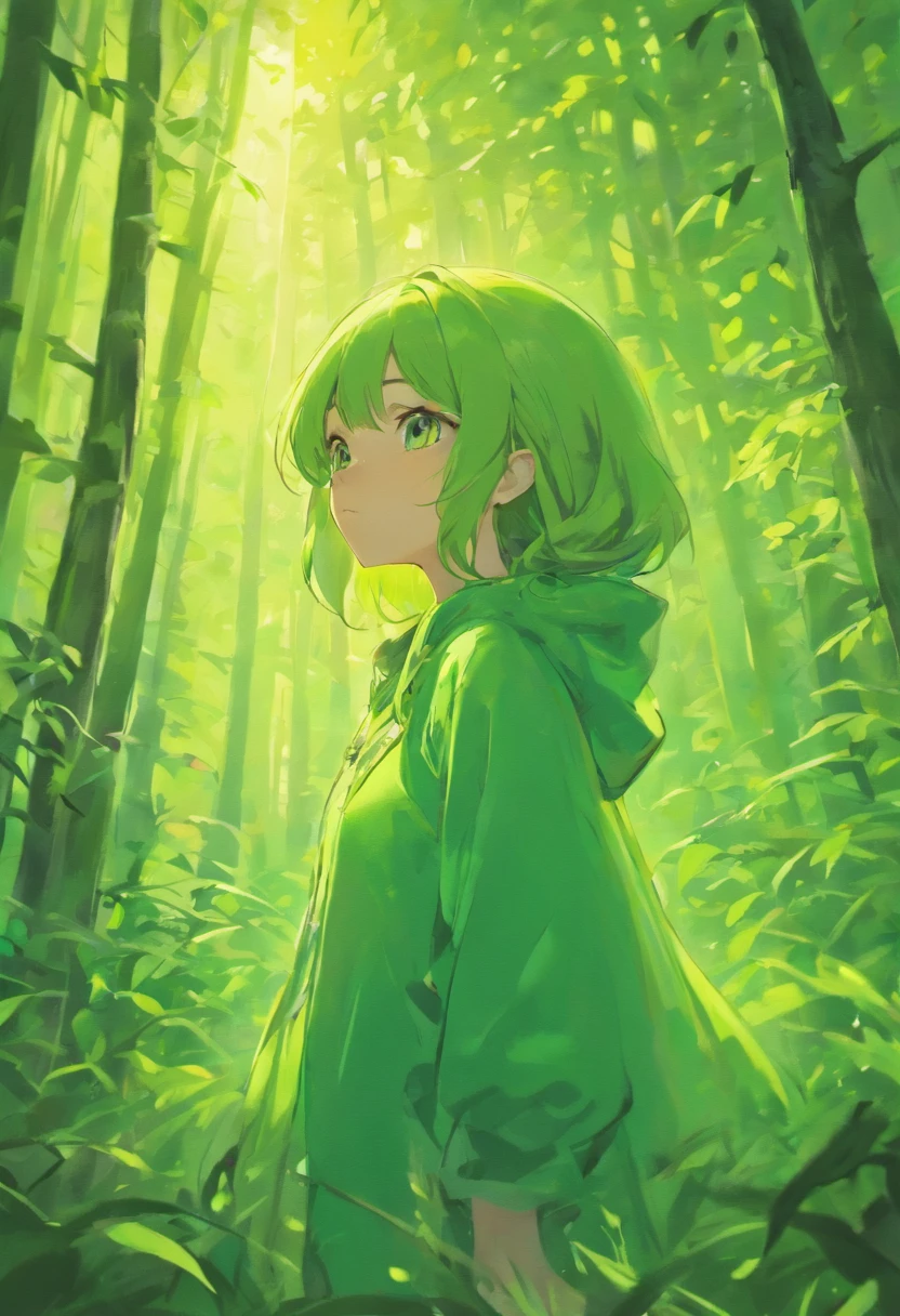 one-girl,largeeyes,green pupills,facial closeups,In the deep forest,The sun shines in the deep forest,There are a lot of animals around,