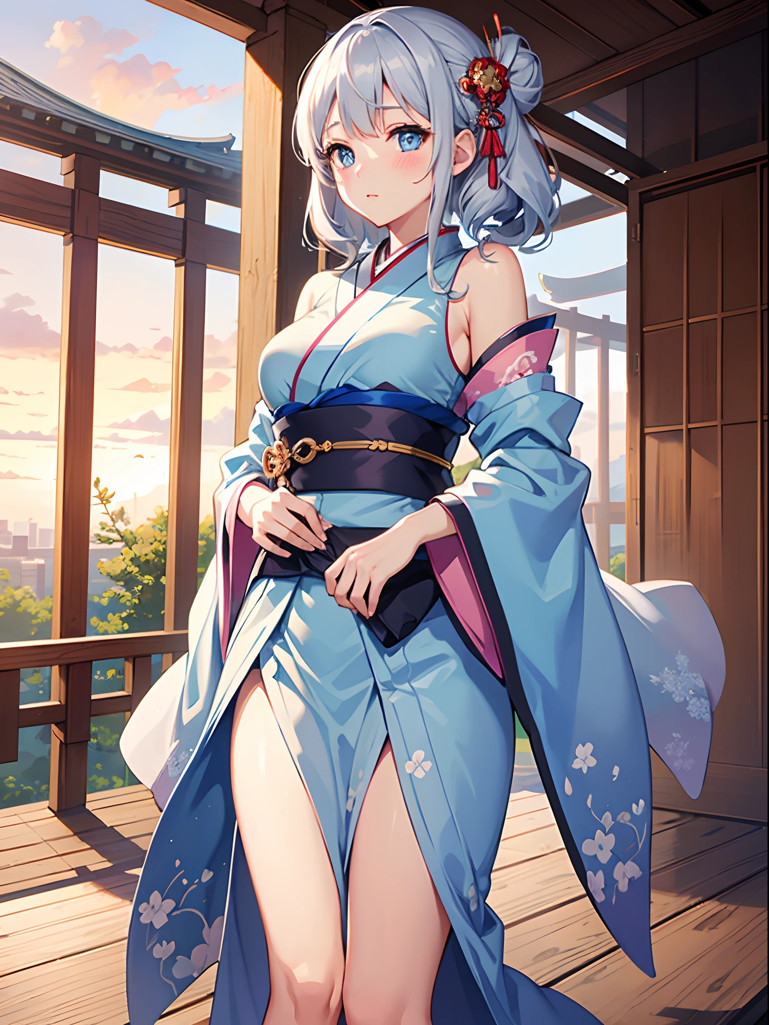 1girl in, Silver Shorthair, sky-blue eyes, kimono skirt, shrines, Cute, blush, medium breasts, Sunset, Best Quality++, Highest Quality++