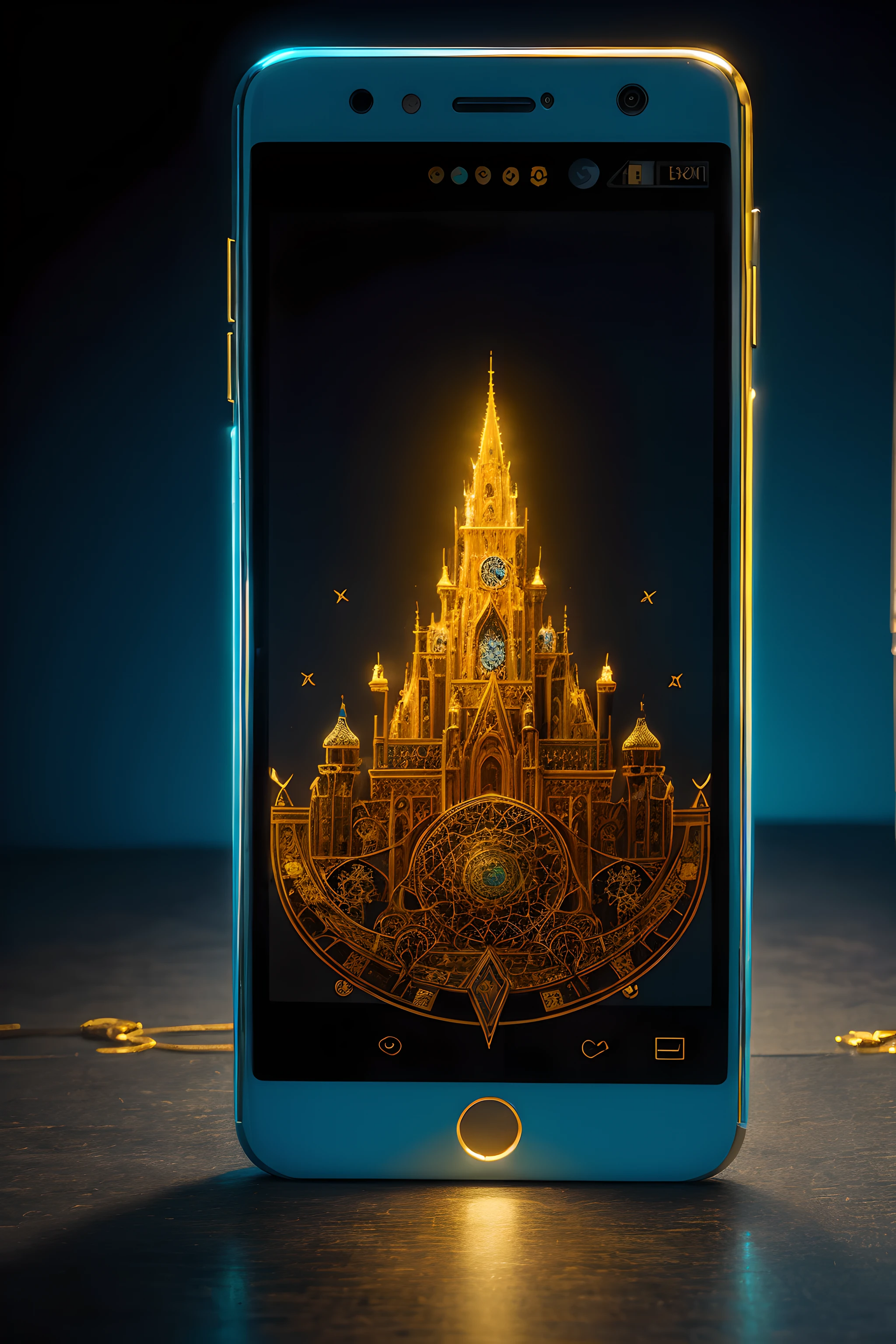 Masterpiece, best quality, 8k, high detail, hyper-detail, a magical smartphone, light blue with holographic ornate designs, light blue and gold tetradic colors, approaching perfection, fashionable and cute design