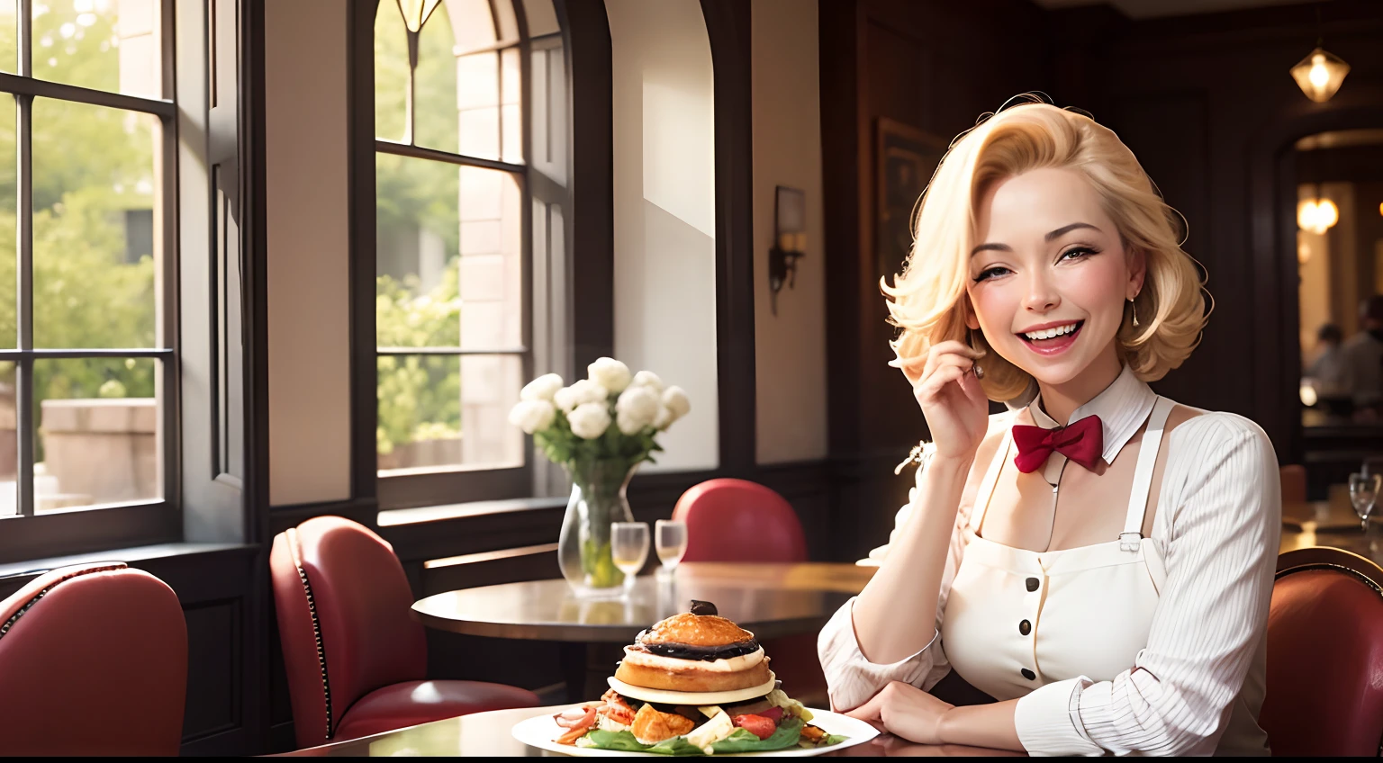 The restaurateur holds the plate，laughing heartily，background is dining room，Style Q version