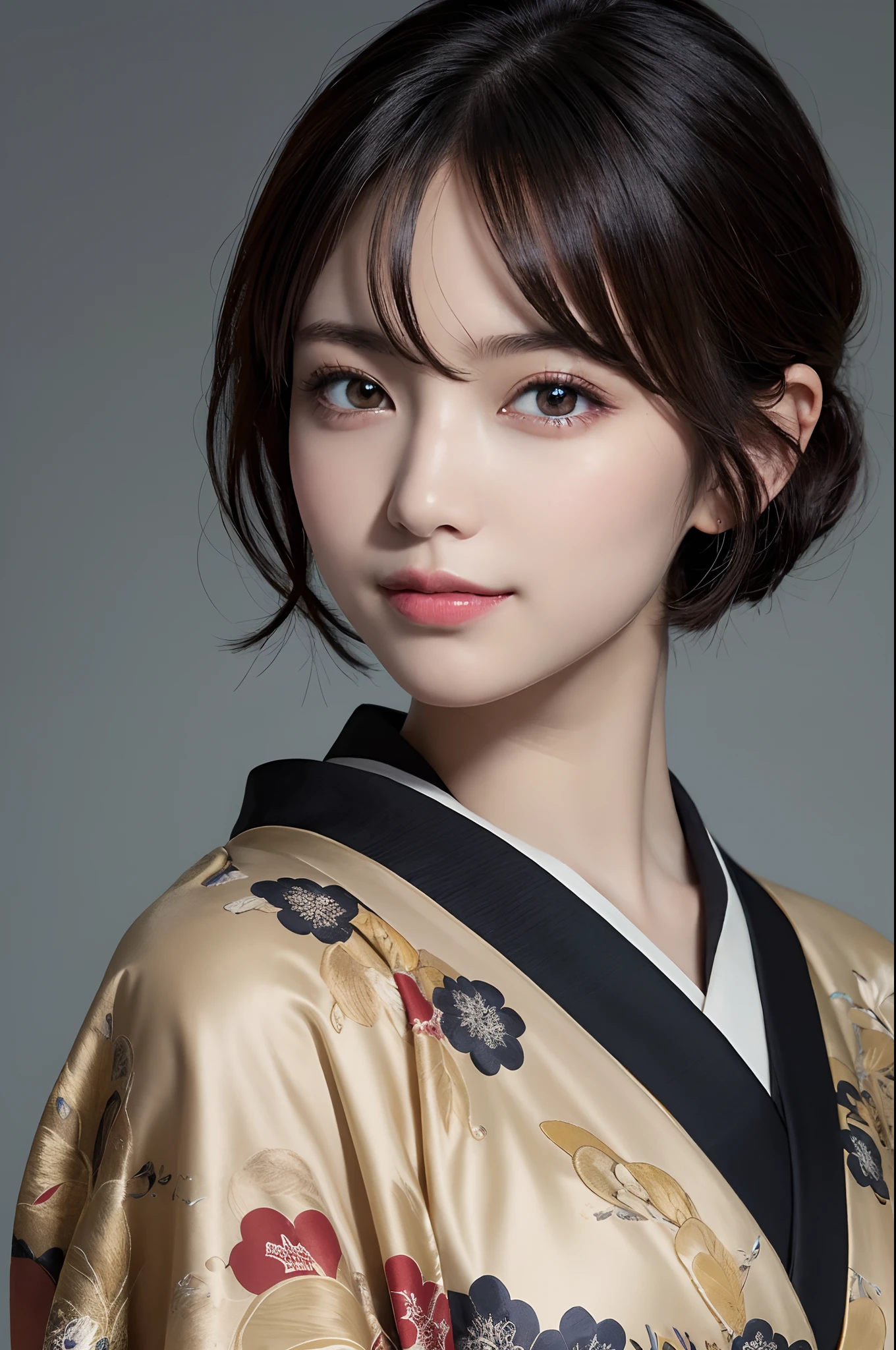 Masterpiece, Best Quality, illstration, Ultra-detailed, finely detail, hight resolution, 8K quality wallpapers, Perfect dynamic composition, Beautiful detailed eyes, Kimono, Well-formed kimono appearance, (Black shorthair), A slight smil