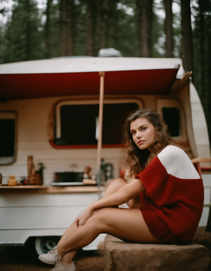 analog photography, grain film, vintage photo, portra 400, flash, in the style of lo-fi aesthetics, a girl sitting near a camping trailer, light beige and red,(upper body)