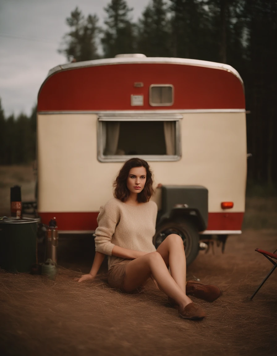 analog photography, grain film, vintage photo, portra 400, flash, in the style of lo-fi aesthetics, a girl sitting near a camping trailer, light beige and red,(upper body)