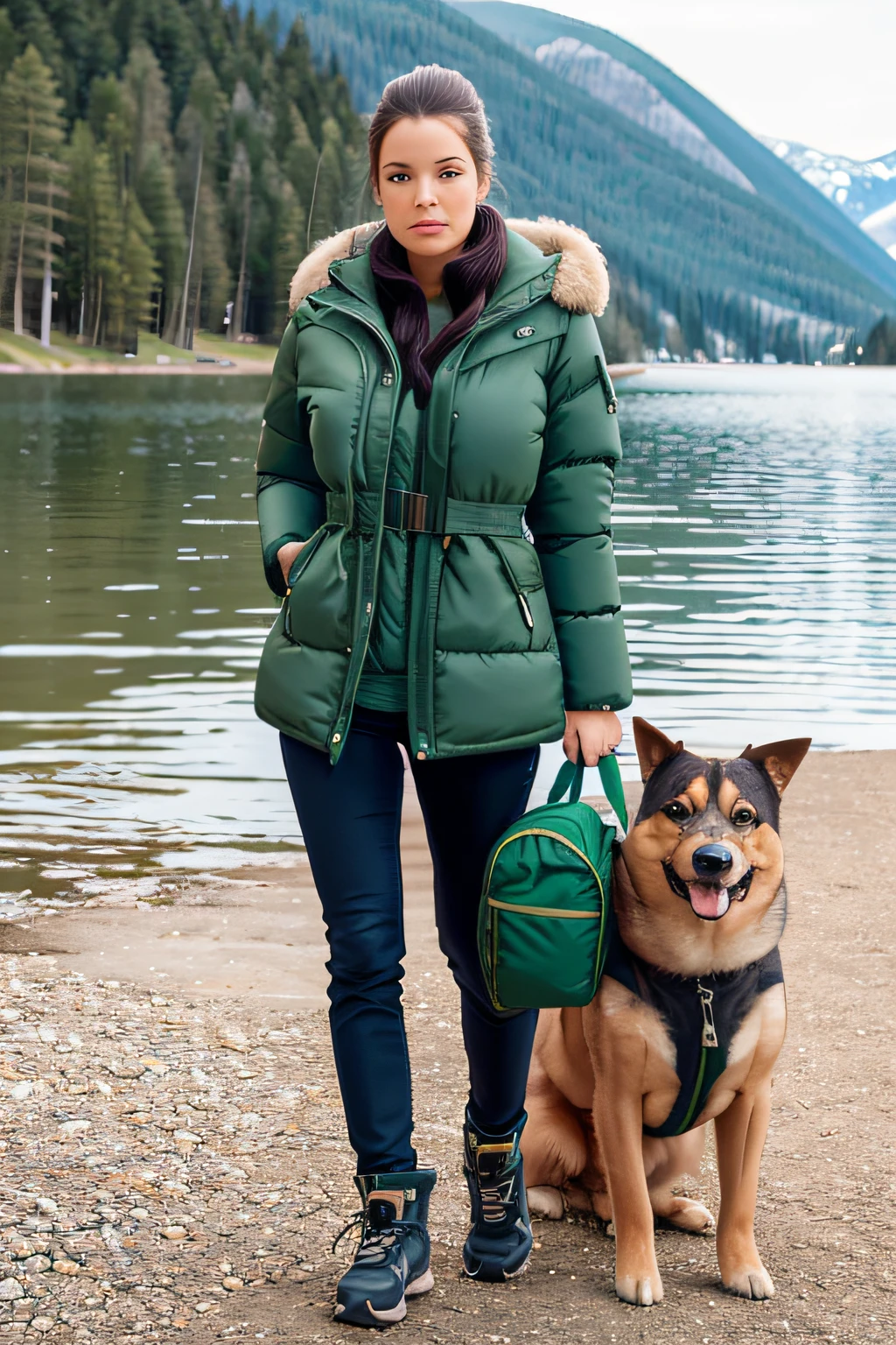 Make a woman with big breast, Green long winterjacket , with open zipper, with face, body, Lakeside house, travel bag, dog, Nude