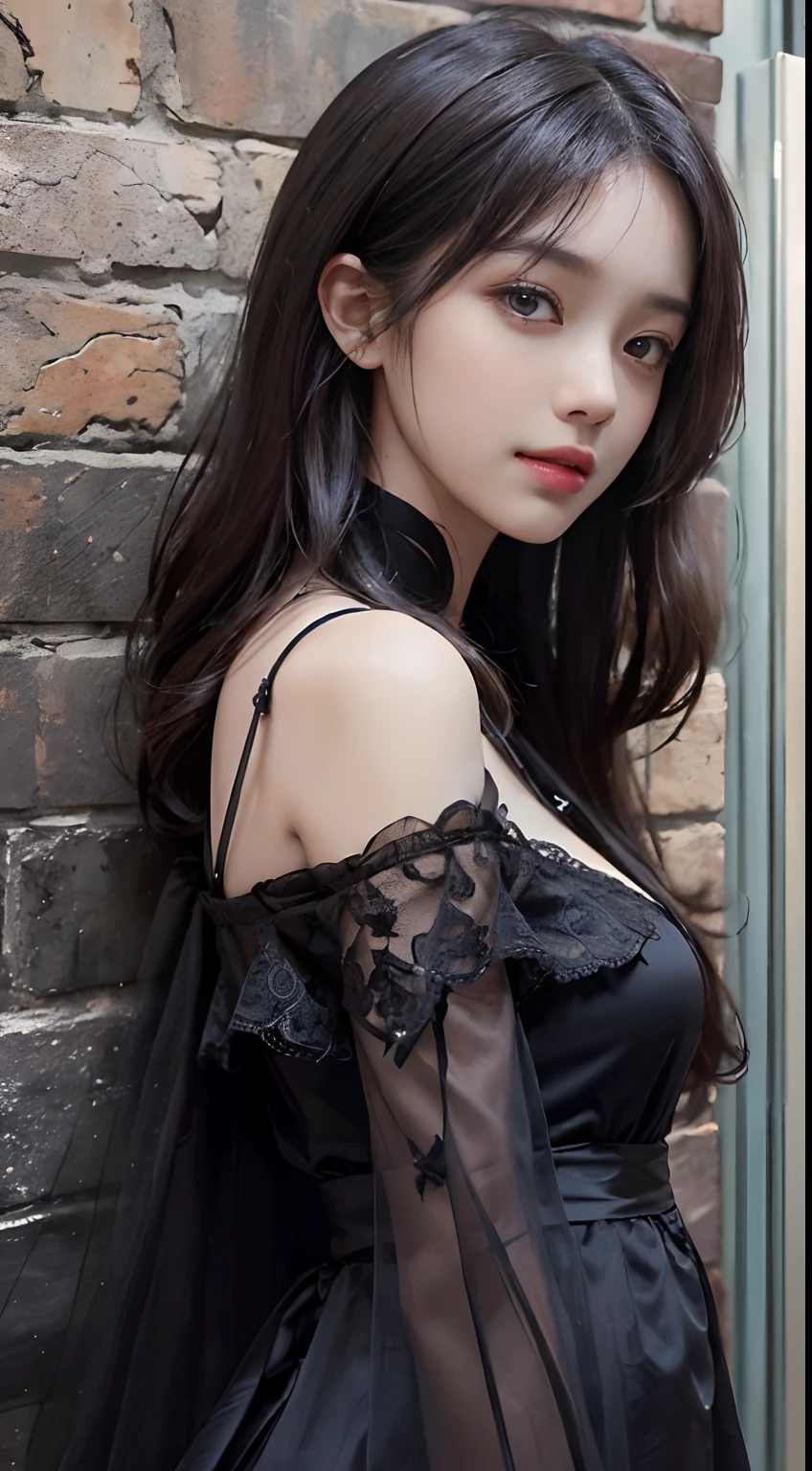 ((High quality, 8k, perfect quality, realistic)), beautiful, perfect face, gazing out the window, nighttime, ((dark room)), Before sleeping, restless, short nightgown, staring at the window, city night view, hair color black and cyan, night city, Cleavage, sexy