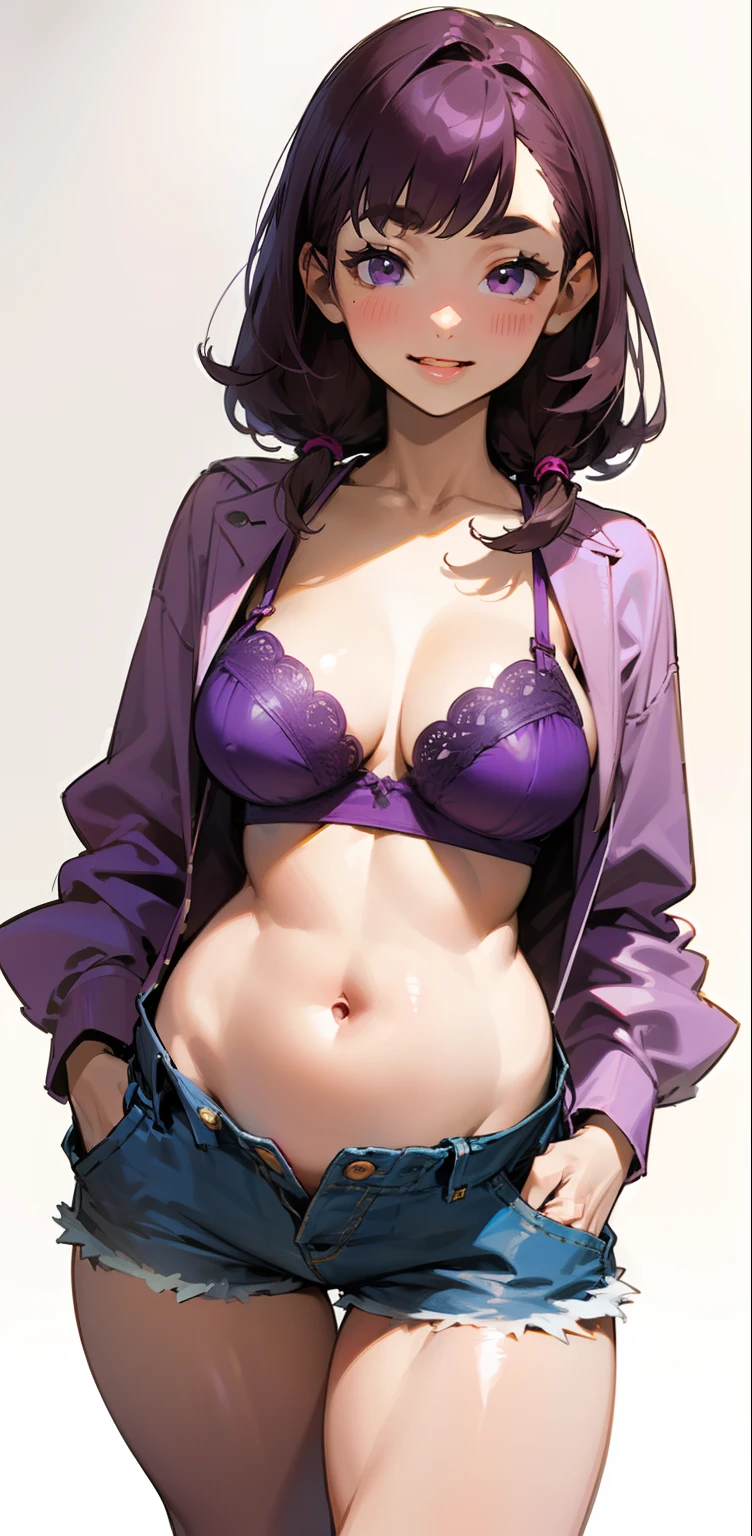 (sketch drawing), (close up), (adult body), (embarrassed), (shy), (eyebrow), (nose), (normal ear), ((mouth, smiling, delineated lips)), ( chest a little big), (thick legs), nice legs, (Big thighs), nice thighs, (pink cheeks), (purple bra), (showing belly), (perfect belly), (short denim shorts ), (purple hair), (purple eyes), (large loose purple brown hair), (bangs), (details on locks), (white background), (one hand in pocket)
