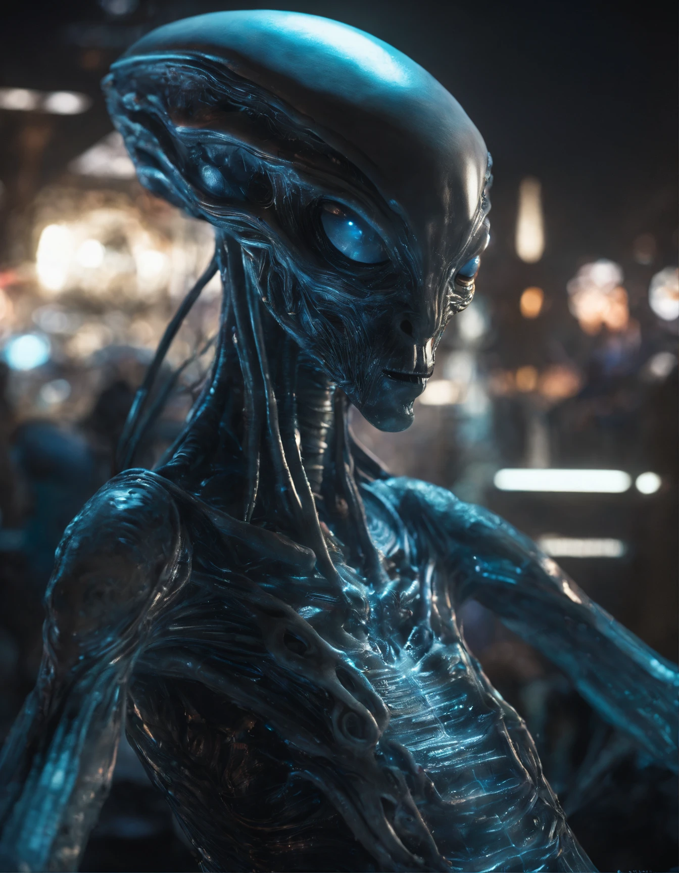 Van Terchall, A translucent ethereal alien，It has refined features in a sci-fi environment, glowing from within, Sparks and lights, Moonlight, Moon, Close-up, Realistic, Highly detailed, Intricate