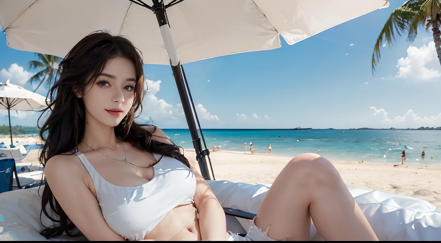 ((best qualtiy, 8K, tmasterpiece:1.3)), edgy:1.2, A beautiful woman with a perfect body:1.4, Slim Abs:1.2, ((Layered hairstyle, tits huge:1.5)), (Athens，the street：1.2），saturated：1.5，Highly detailed facial and skin texture，A detailed eye，Double eyelidd，Look at the camera sideways，open shirt，navels，exposed navel，Cover your chest with your hands，hands on breasts, , Sunny weather, seaside, waves, palm tree, White t-shirt and ripped shorts, Sunny weather, seaside, waves, palm tree, White t-shirt and ripped shorts, Sunny weather, seaside, waves, palm tree, (White tank top T-shirt and ripped shorts), , (Nike logo white tank top t-shirt and ripped shorts), (Nike logo white tank top t-shirt and ripped shorts), (Nike logo white tank top t-shirt and ripped shorts), (Nike logo white tank top t-shirt and ripped shorts), (Nike logo white tank top t-shirt and ripped shorts), (Long hair), (Long hair), (Long hair), (White tank top t-shirt and ripped jeans),  enormous breast,  enormous breast,  enormous breast,  enormous breast, (She crossed her arms and said,), (She crossed her arms and said,), (She crossed her arms and said,), (She crossed her arms and said,), (Beach umbrellas, cocktail), (Beach umbrellas, cocktail), (Beach umbrellas, cocktail)(Sorrisos), (navels), (Sorrisos), (navels), (Sorrisos), (navels), (Sorrisos), (navels), (Sorrisos), (navels), (Sorrisos), (navels)