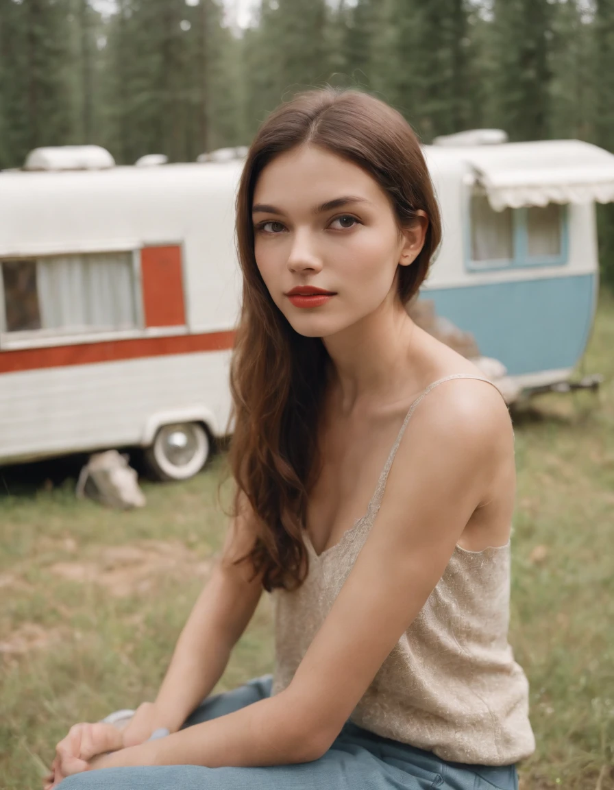 analog photography, (upper body) grain film, vintage photo, portra 400, flash, in the style of lo-fi aesthetics, a girl sitting near a camping trailer, light beige and red,