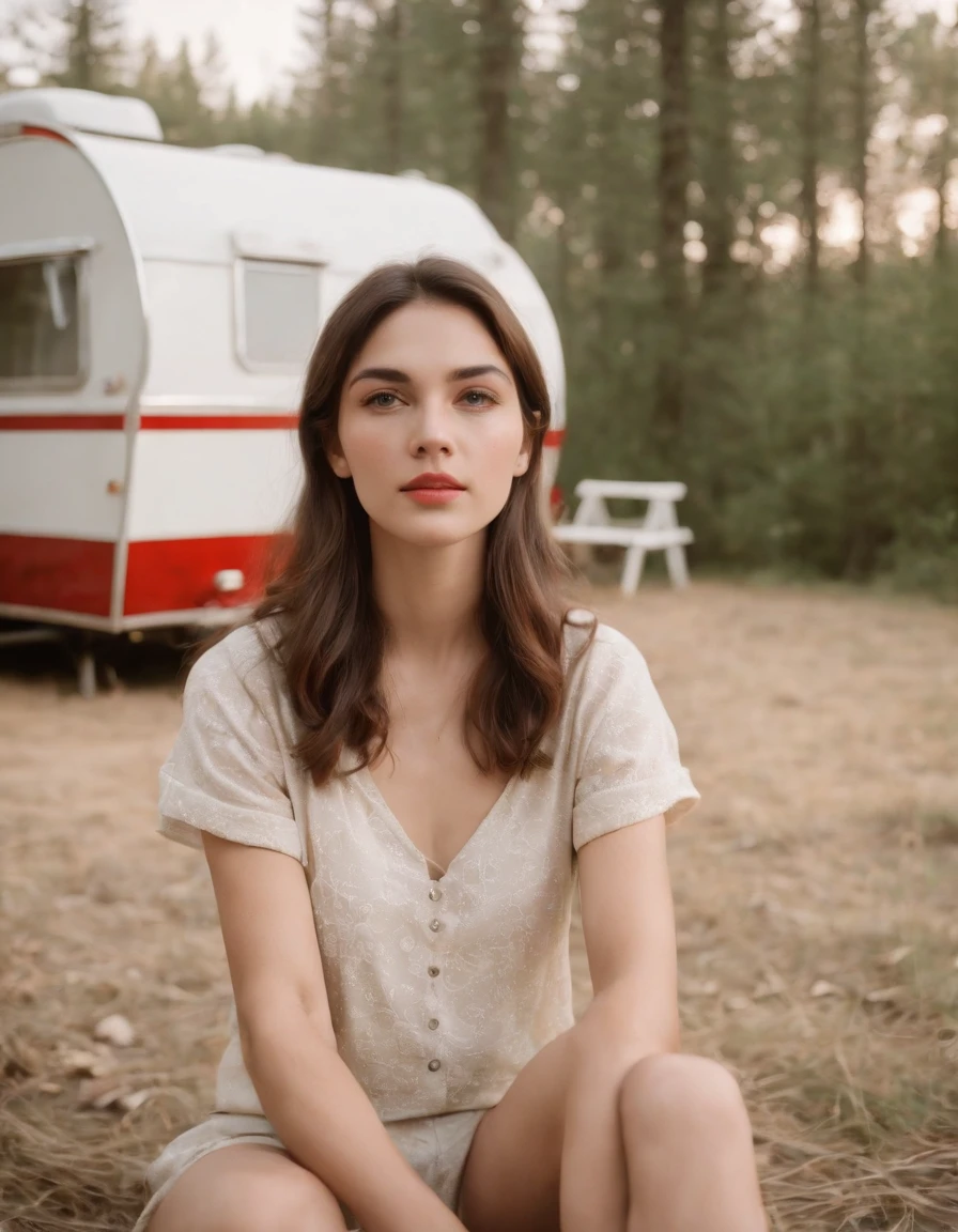 analog photography, (upper body) grain film, vintage photo, portra 400, flash, in the style of lo-fi aesthetics, a girl sitting near a camping trailer, light beige and red,