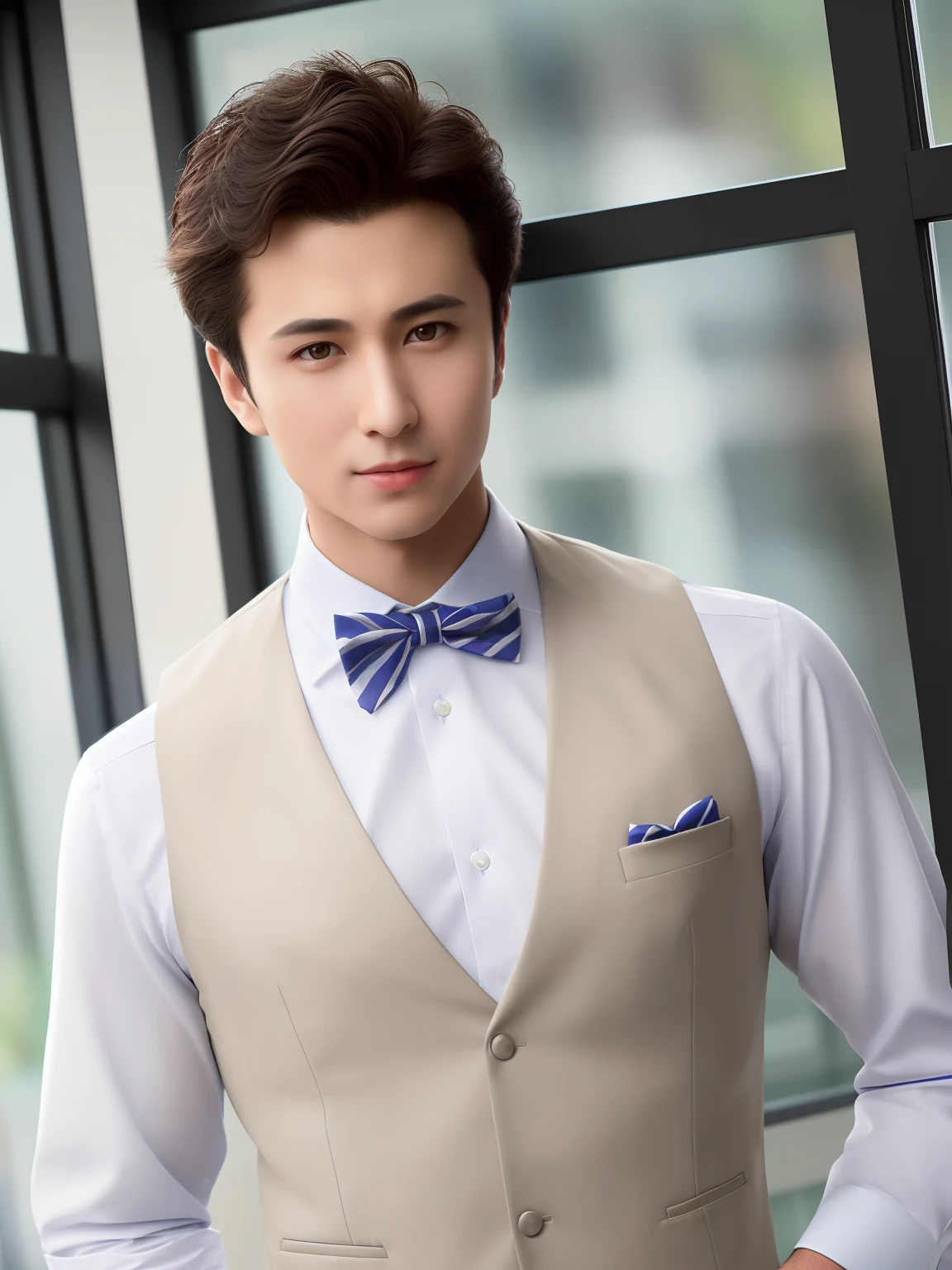 arafed man in a vest and bow tie standing in front of a window, handsome and elegant, headshot photograph, headshot photo, detailed portrait shot, waist up portrait, well-groomed model, beautiful young man, head and shoulders shot, 1 / 2 headshot, closeup headshot, acting headshot, headshot, well lit professional photo, handsome chad chin