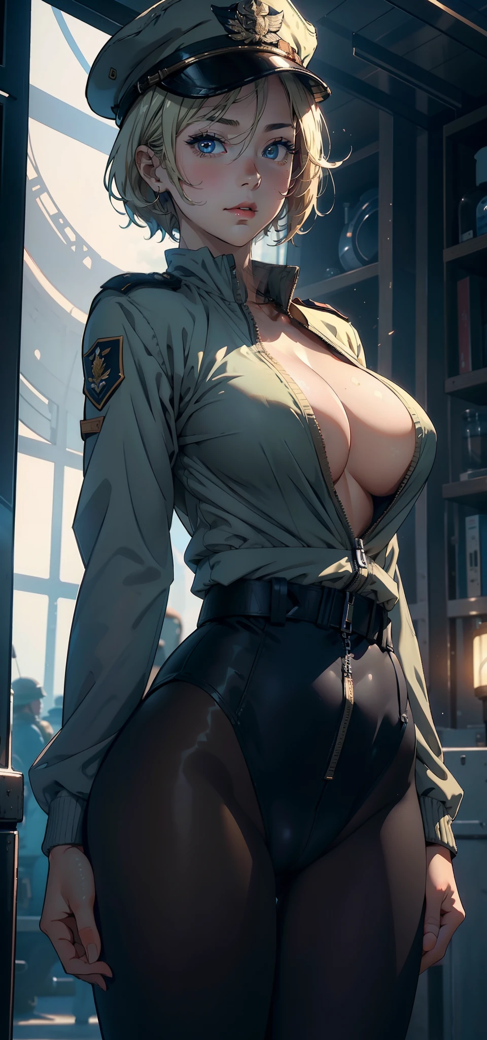 1female，35yo，plumw，extremely large bosom， 独奏，（Background with：A desert，aerodrome，Planes） She has very short blonde hair，bobo head，Stand on the plane，，seen from the front， hair straight， mostly cloudy sky，（（（tmasterpiece），（Very detailed CG unity 8K wallpaper），best qualtiy，cinmatic lighting，detailed back ground，beatiful detailed eyes，Bright pupils，Blue eyes，（Very fine and beautiful），（Beautiful and detailed eye description），ultra - detailed，tmasterpiece，）），facing at camera，A high resolution，ultra - detailed），revealing breasts，Bare genitalia，  Bulge，legs are open，Raised sexy，Camel toes，Flushed complexion，Desire for dissatisfaction，frontage，us airforce，Aviator，military hat（Wearing：Dark green baseball jacket，Black pantyhose，Bare breasts）