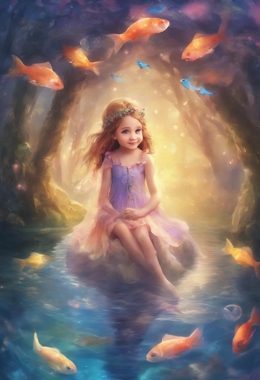 There is a girl swimming in the water, happy smile, sunny face, innocent girl, big, lots of blisters, bubbles, a lot of fish, cute digital painting, beautiful digital artwork, realistic effect, high texture