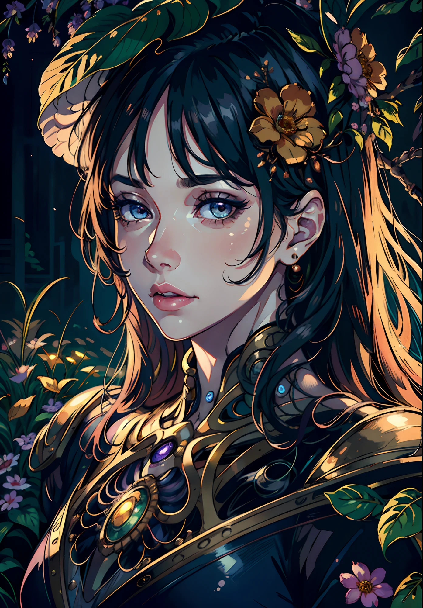 best quality,4k,8k,highres,masterpiece:1.2,ultra-detailed,realistic,photorealistic:1.37,portrait,illustration,oil painting,beautiful detailed eyes,beautiful detailed lips,extremely detailed eyes and face,long eyelashes,android girl,garden background,mechanical features,purple color palette,soft lighting