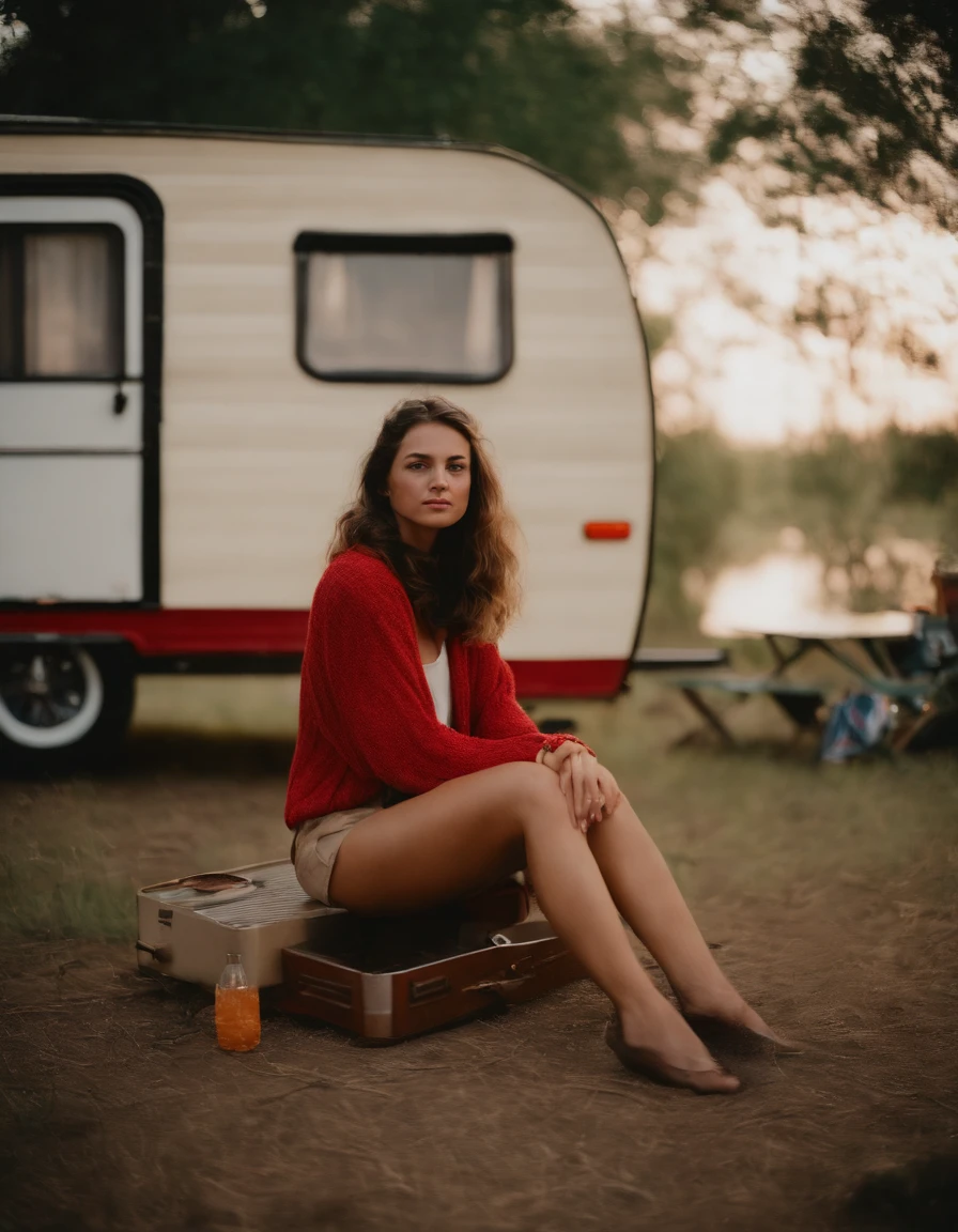 analog photography, ((upper body)), grain film, vintage photo, portra 400, flash, in the style of lo-fi aesthetics, a girl sitting near a camping trailer, light beige and red,