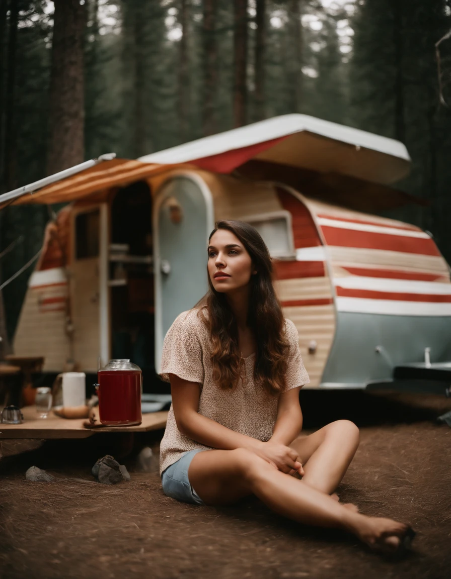 analog photography, ((upper body)), grain film, vintage photo, portra 400, flash, in the style of lo-fi aesthetics, a girl sitting near a camping trailer, light beige and red,