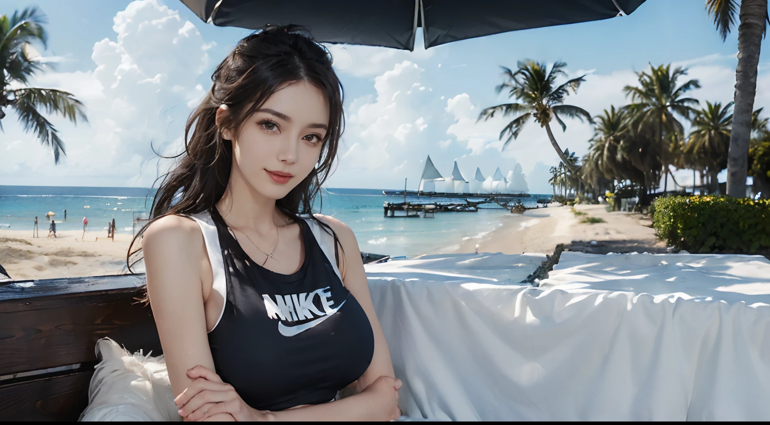 ((best qualtiy, 8K, tmasterpiece:1.3)), edgy:1.2, A beautiful woman with a perfect body:1.4, Slim Abs:1.2, ((Layered hairstyle, tits huge:1.5)), (Athens,the street:1.2),saturated:1.5,Highly detailed facial and skin texture,A detailed eye,Double eyelidd,Look at the camera sideways,open shirt,navels,exposed navel,Cover your chest with your hands,hands on breasts, , Sunny weather, seaside, waves, palm tree, White t-shirt and ripped shorts, Sunny weather, seaside, waves, palm tree, White t-shirt and ripped shorts, Sunny weather, seaside, waves, palm tree, , (Huge black Nike logo on chest), (White tank top T-shirt and ripped shorts), (Huge black Nike logo on chest), (White tank top T-shirt and ripped shorts), (Huge black Nike logo on chest), (White tank top T-shirt and ripped shorts), (Huge black Nike logo on chest), (White tank top T-shirt and ripped shorts), (Huge black Nike logo on chest), (White tank top T-shirt and ripped shorts) (Long hair), (Long hair), (Long hair), (White tank top t-shirt and ripped jeans), enormous breast, enormous breast, enormous breast, enormous breast, (She crossed her arms and said,), (She crossed her arms and said,), (She crossed her arms and said,), (She crossed her arms and said,), (Beach umbrellas, cocktail), (Beach umbrellas, cocktail), (Beach umbrellas, cocktail)(Sorrisos), (navels), (Sorrisos), (navels), (Sorrisos), (navels), (Sorrisos), (navels), (Sorrisos), (navels), (Sorrisos), (navels)