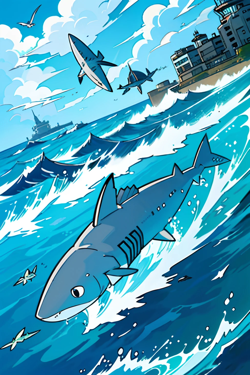 （best qualtiy：0.8），（best qualtiy：0.8），Perfect anime illustration，Steel sharks swimming in the ocean city，At sea m